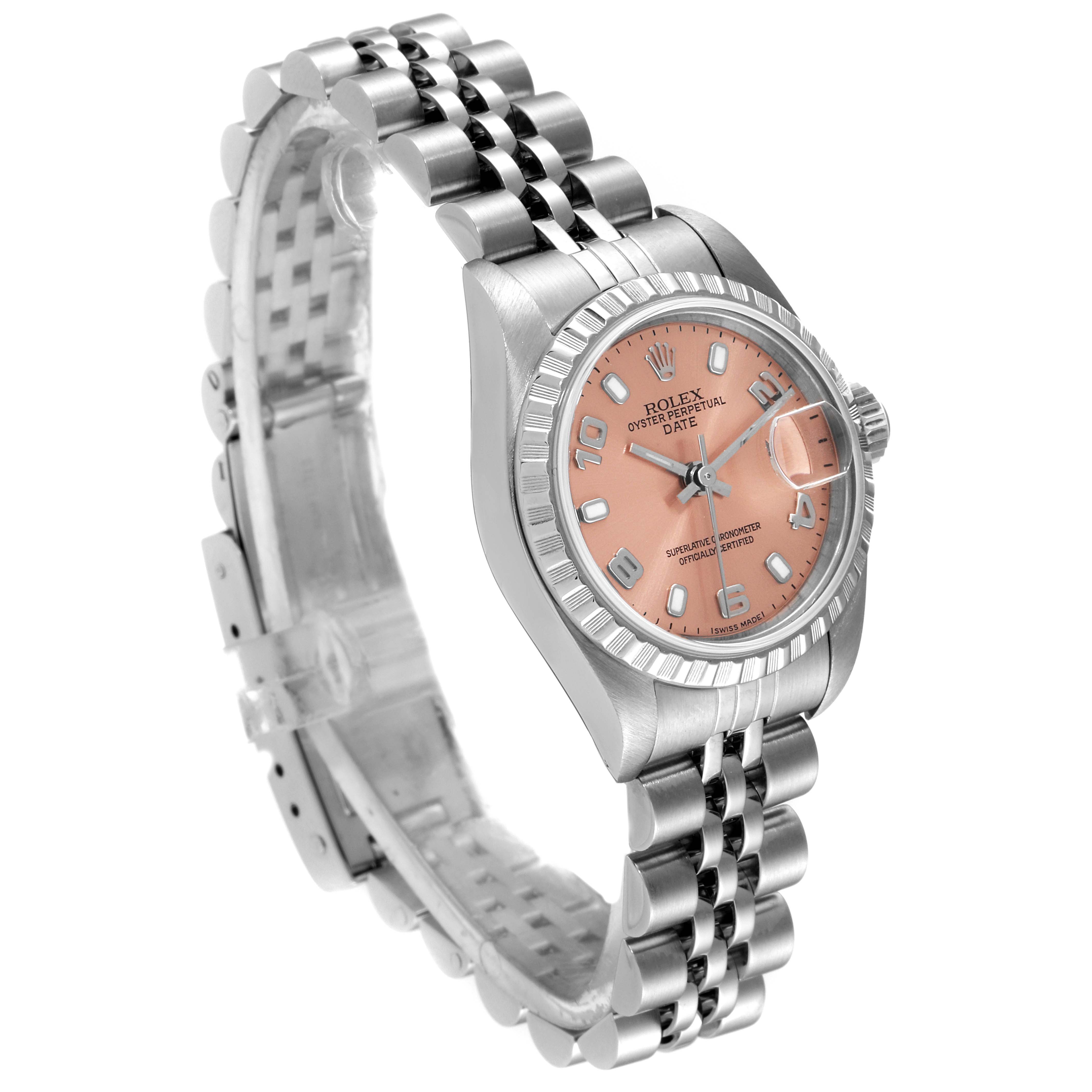 The image shows a Rolex Date 79240 Women's Stainless Steel Pink Dial 79240 Women's Stainless Steel Pink Dial model watch at an oblique angle, highlighting the case, dial, bracelet, and crown.
