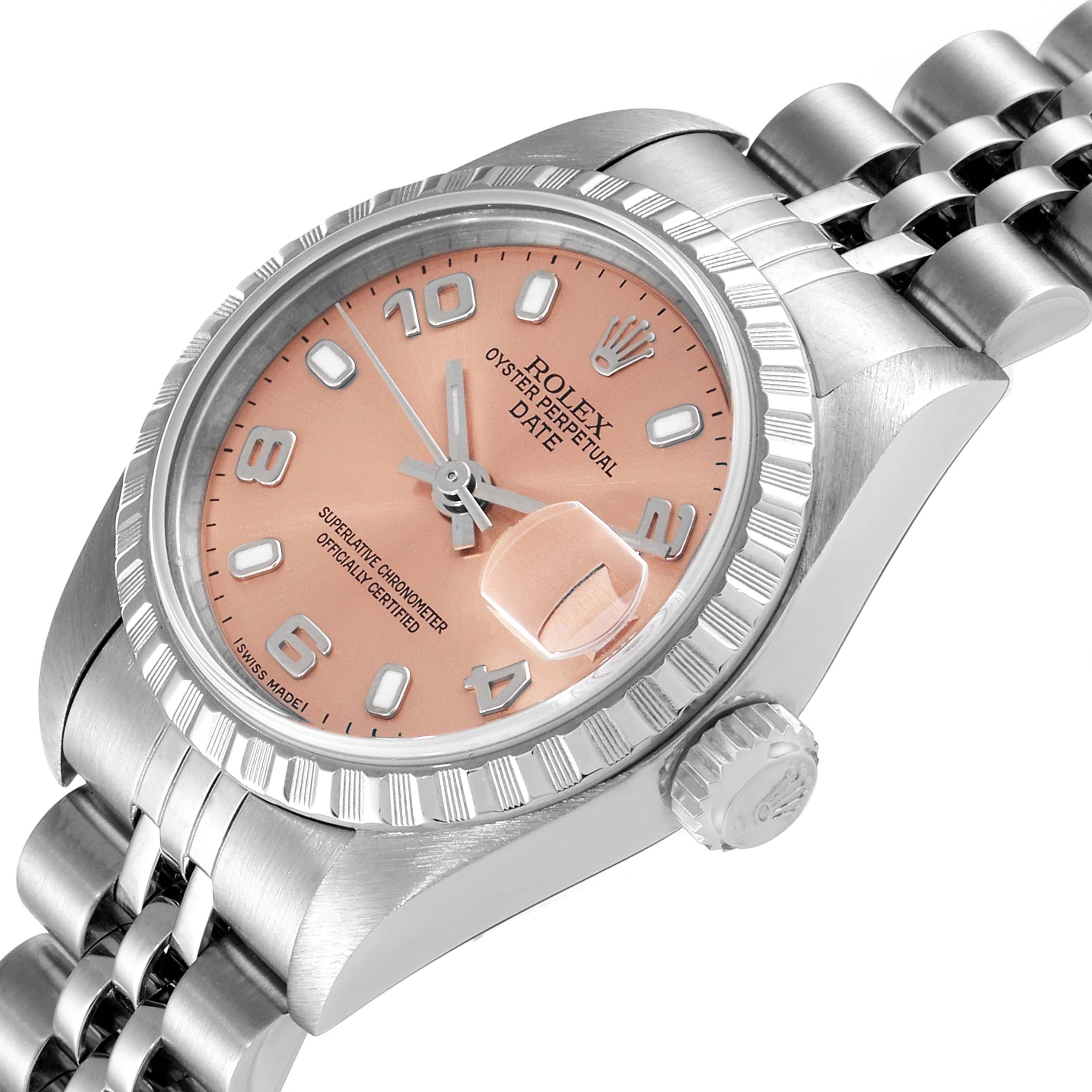 The image shows a Rolex Oyster Perpetual Date watch at a slight angle, highlighting the dial, bezel, case, and part of the bracelet.