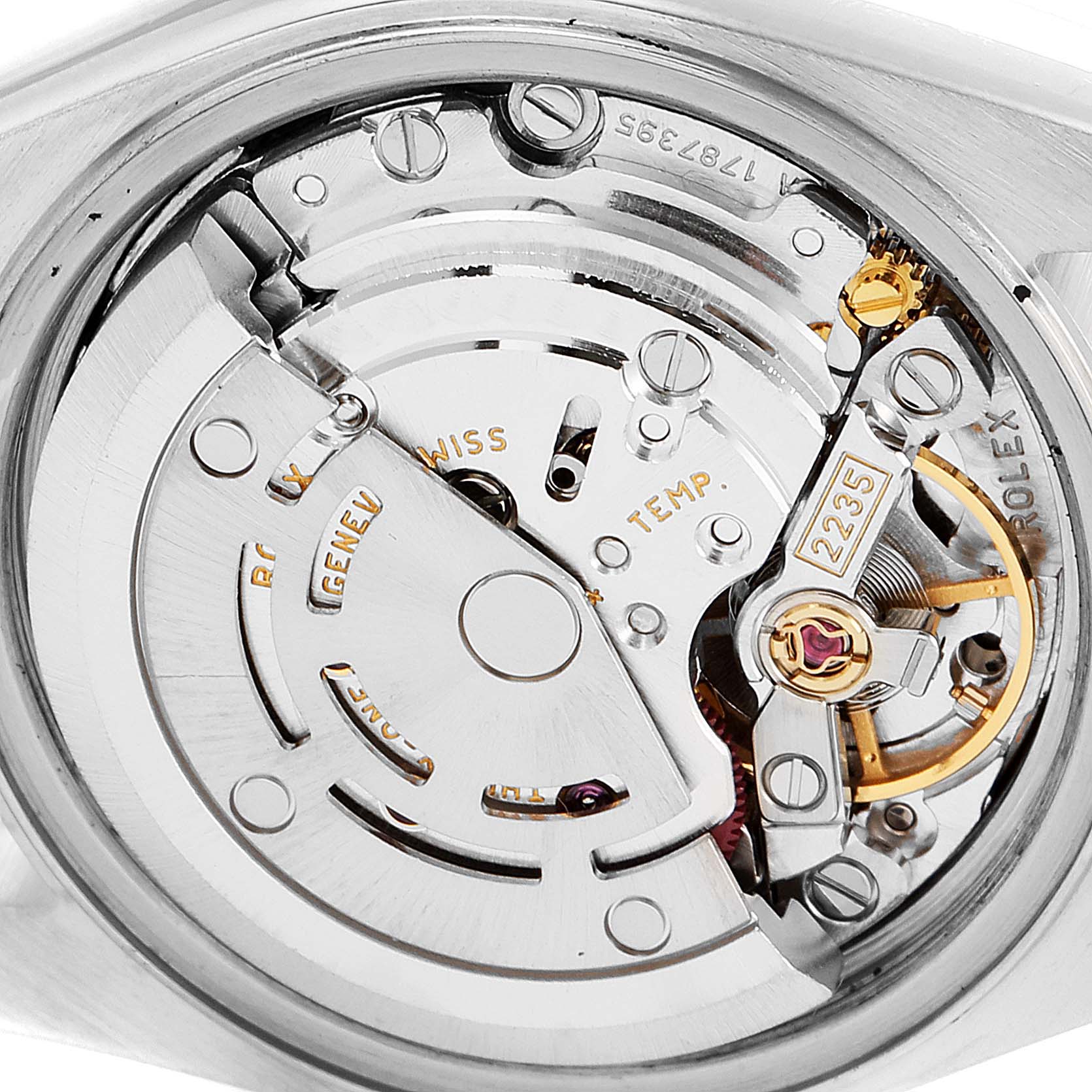 This image shows the internal mechanism of a Rolex Date 79240 Women's Stainless Steel Pink Dial 79240 Women's Stainless Steel Pink Dial model watch from a close-up angle.