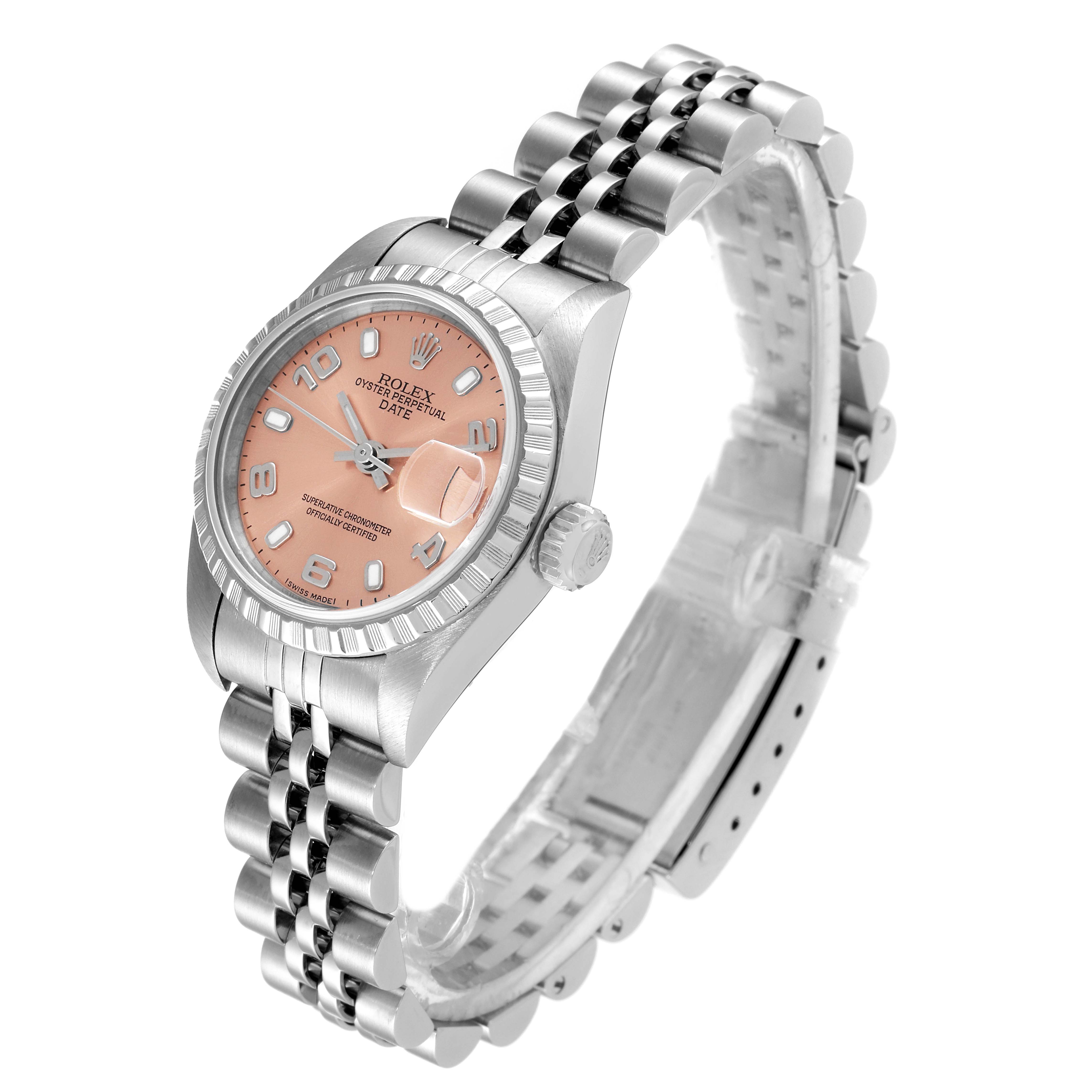 This image shows a Rolex Date 79240 Women's Stainless Steel Pink Dial 79240 Women's Stainless Steel Pink Dial model watch at a three-quarter angle, displaying the dial, bezel, crown, and part of the bracelet.