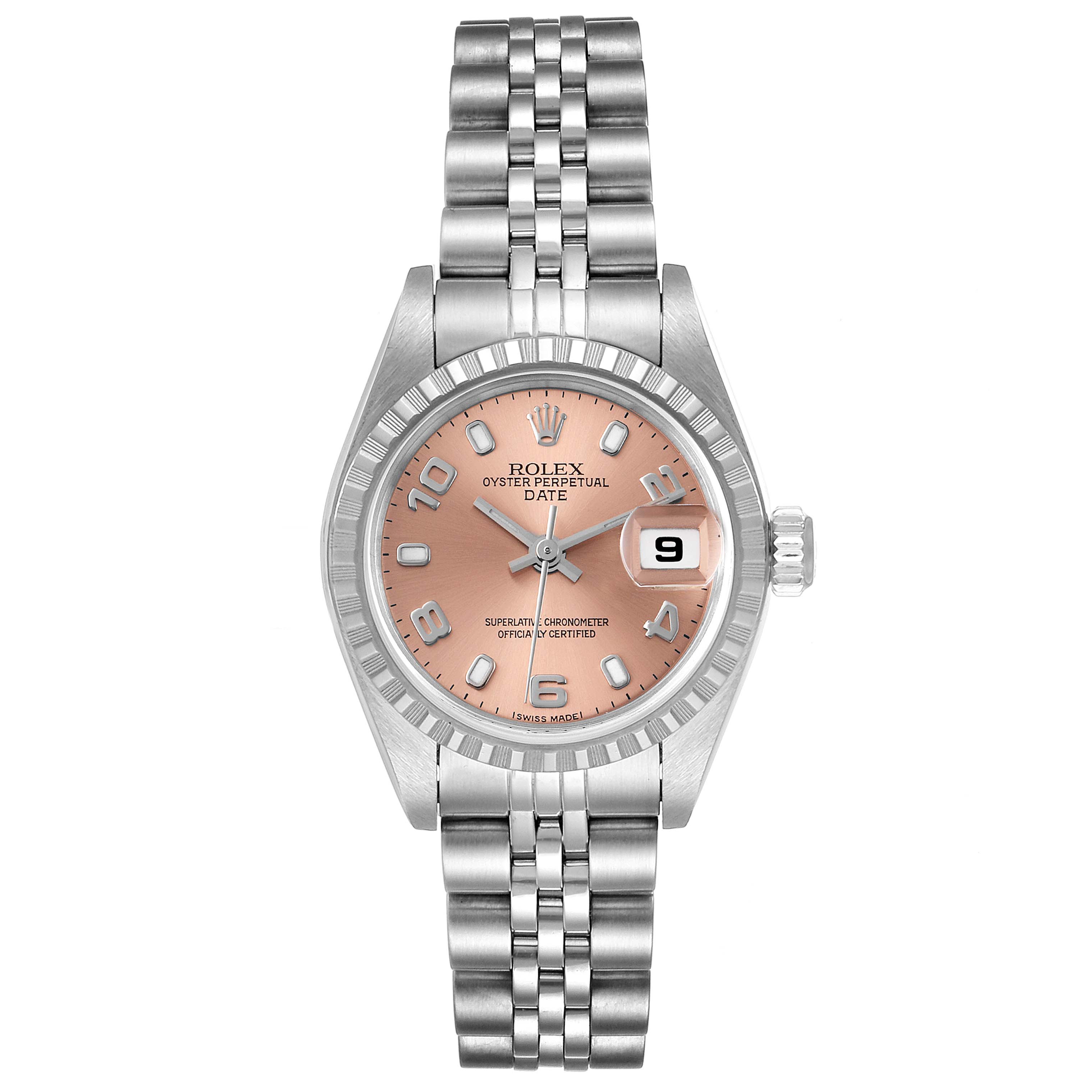 The image shows a front view of a Rolex Date 79240 Women's Stainless Steel Pink Dial 79240 Women's Stainless Steel Pink Dial model watch, featuring a silver bracelet and a peach dial with a date display.