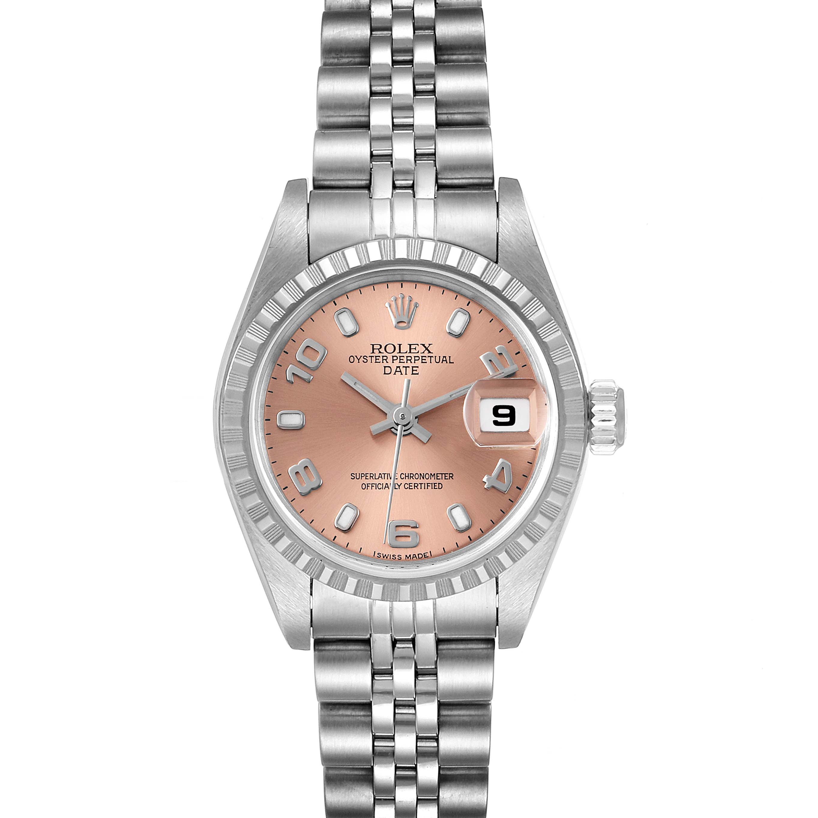 The image shows a frontal view of the Rolex Date 79240 Women's Stainless Steel Pink Dial 79240 Women's Stainless Steel Pink Dial model watch, displaying its face, bezel, and bracelet.