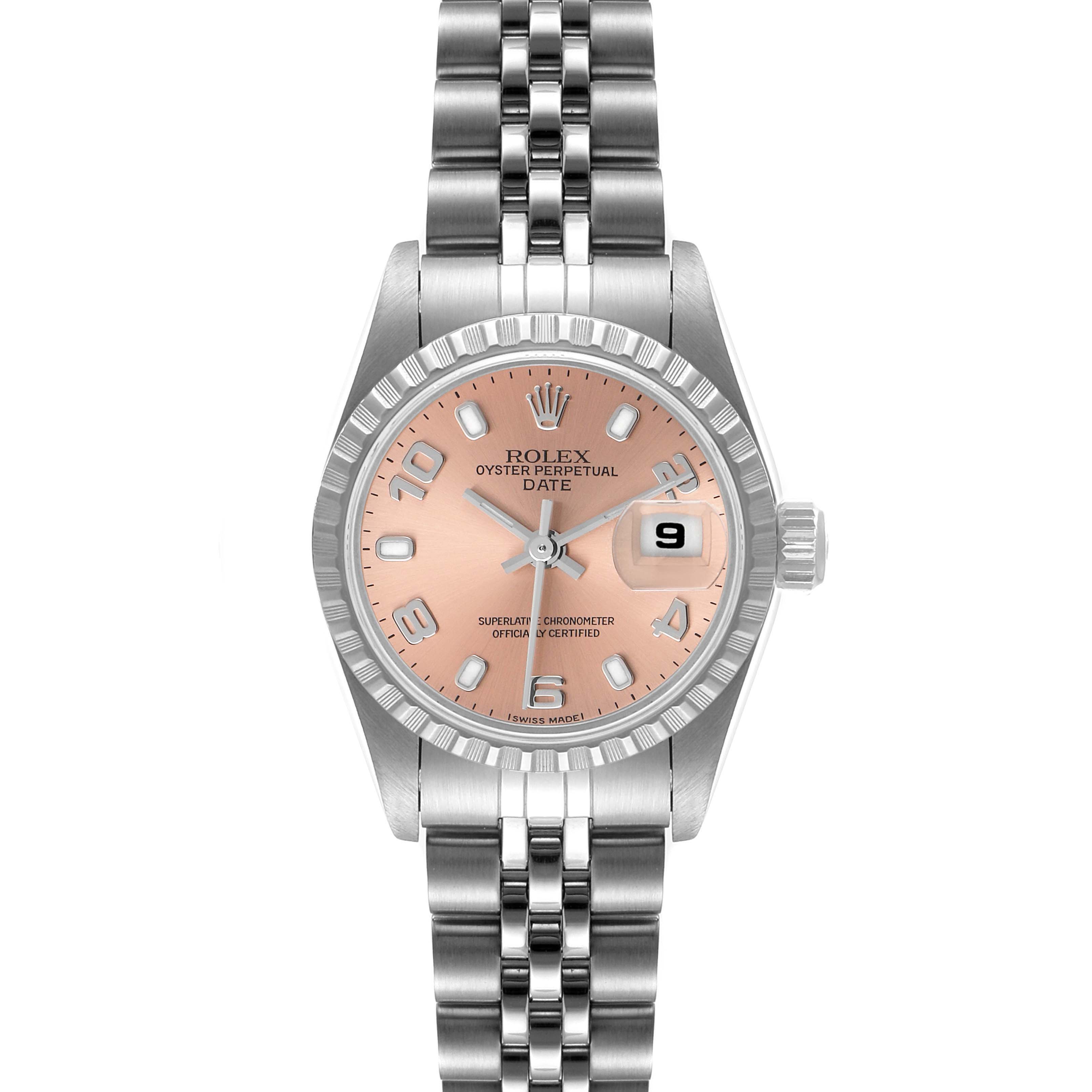 The image shows a frontal view of the Rolex Oyster Perpetual Date watch, highlighting its peach dial, date window, and metal bracelet.