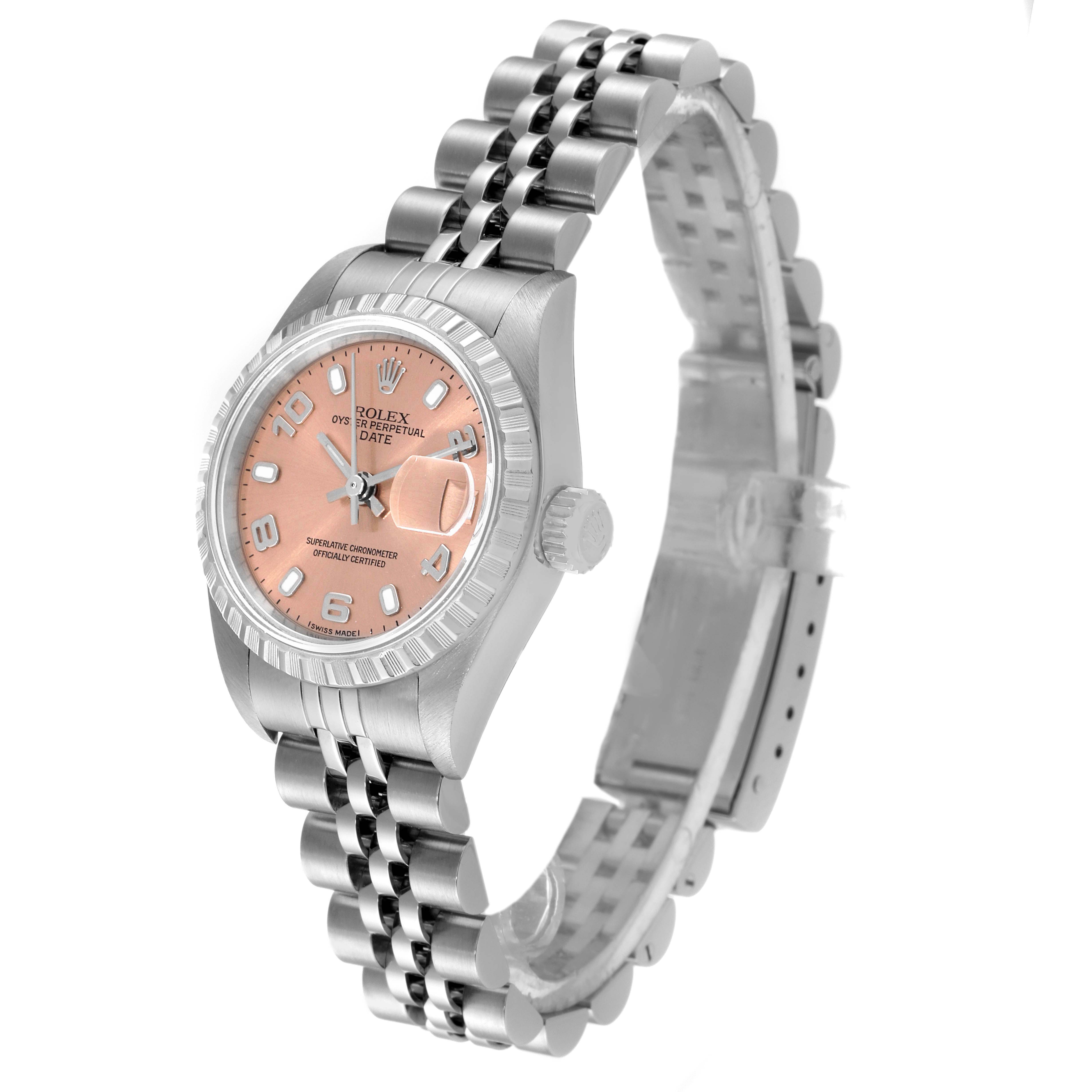 The image shows a side angle view of a Rolex Date 79240 Women's Stainless Steel Pink Dial 79240 Women's Stainless Steel Pink Dial model watch with a Jubilee bracelet and a pink dial.