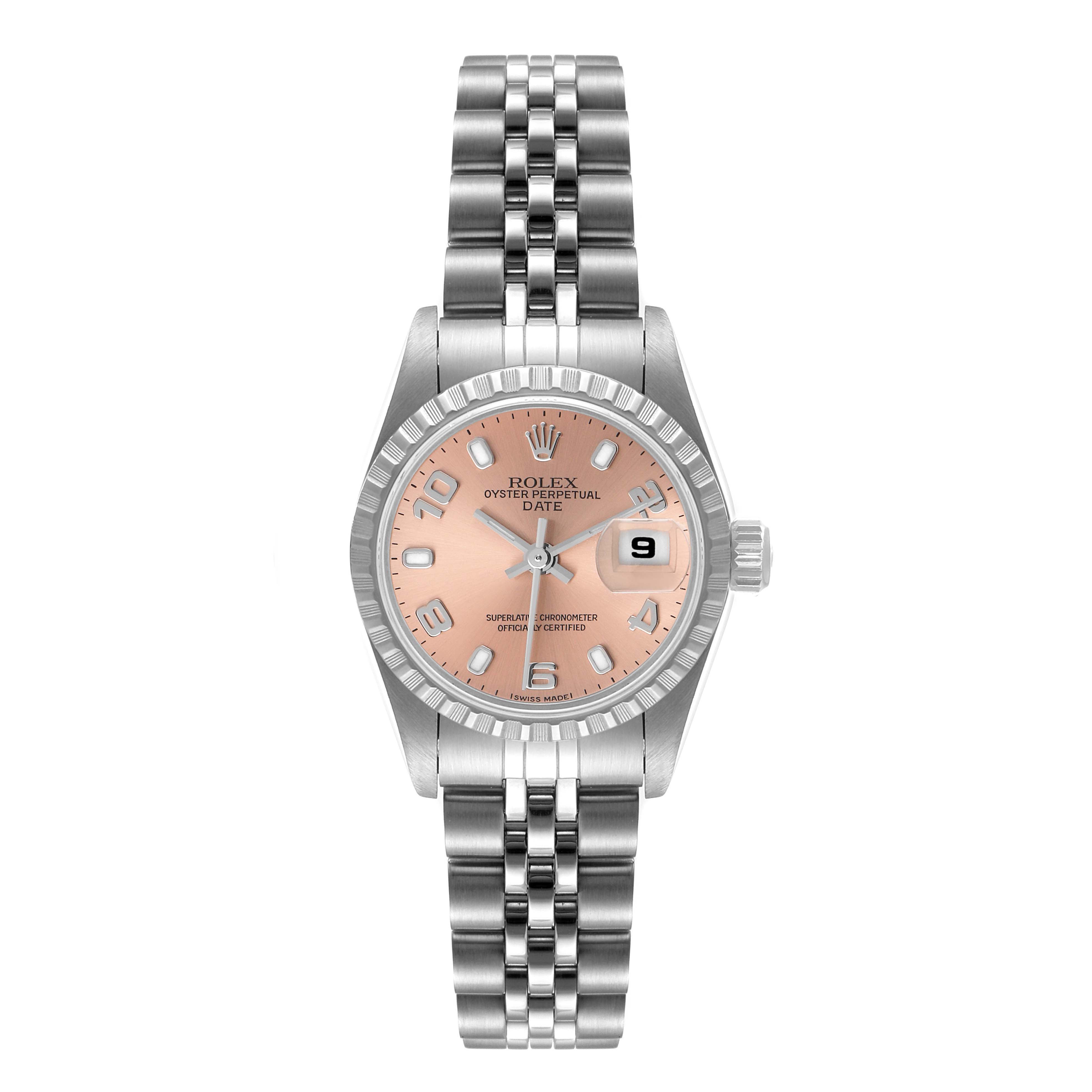 This image shows a Rolex Date 79240 Women's Stainless Steel Pink Dial 79240 Women's Stainless Steel Pink Dial model watch displaying the face, bracelet, and fluted bezel from a front angle.