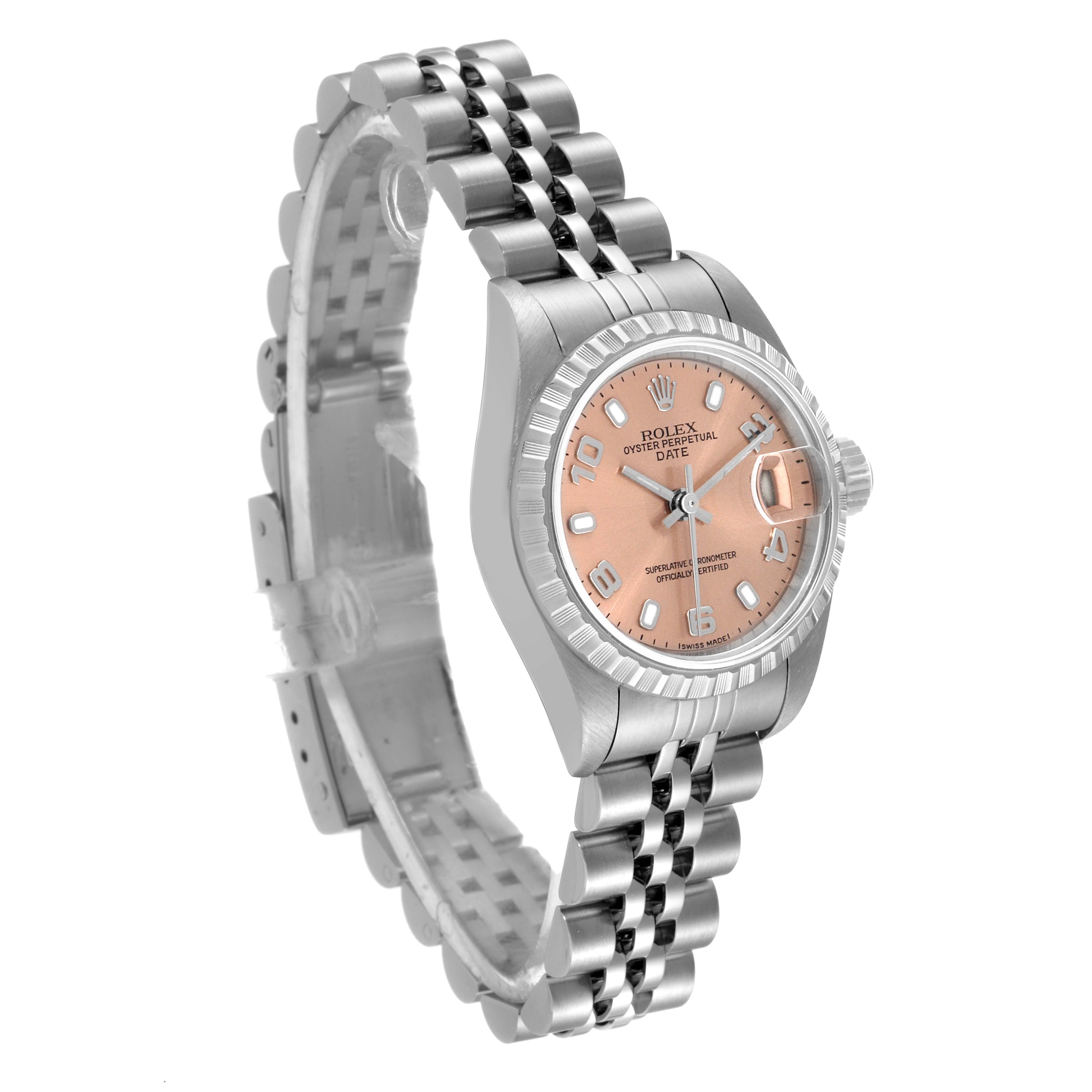 The Rolex Date 79240 Women's Stainless Steel Pink Dial 79240 Women's Stainless Steel Pink Dial model watch is shown at an angle displaying the face, bezel, case, and part of the bracelet.