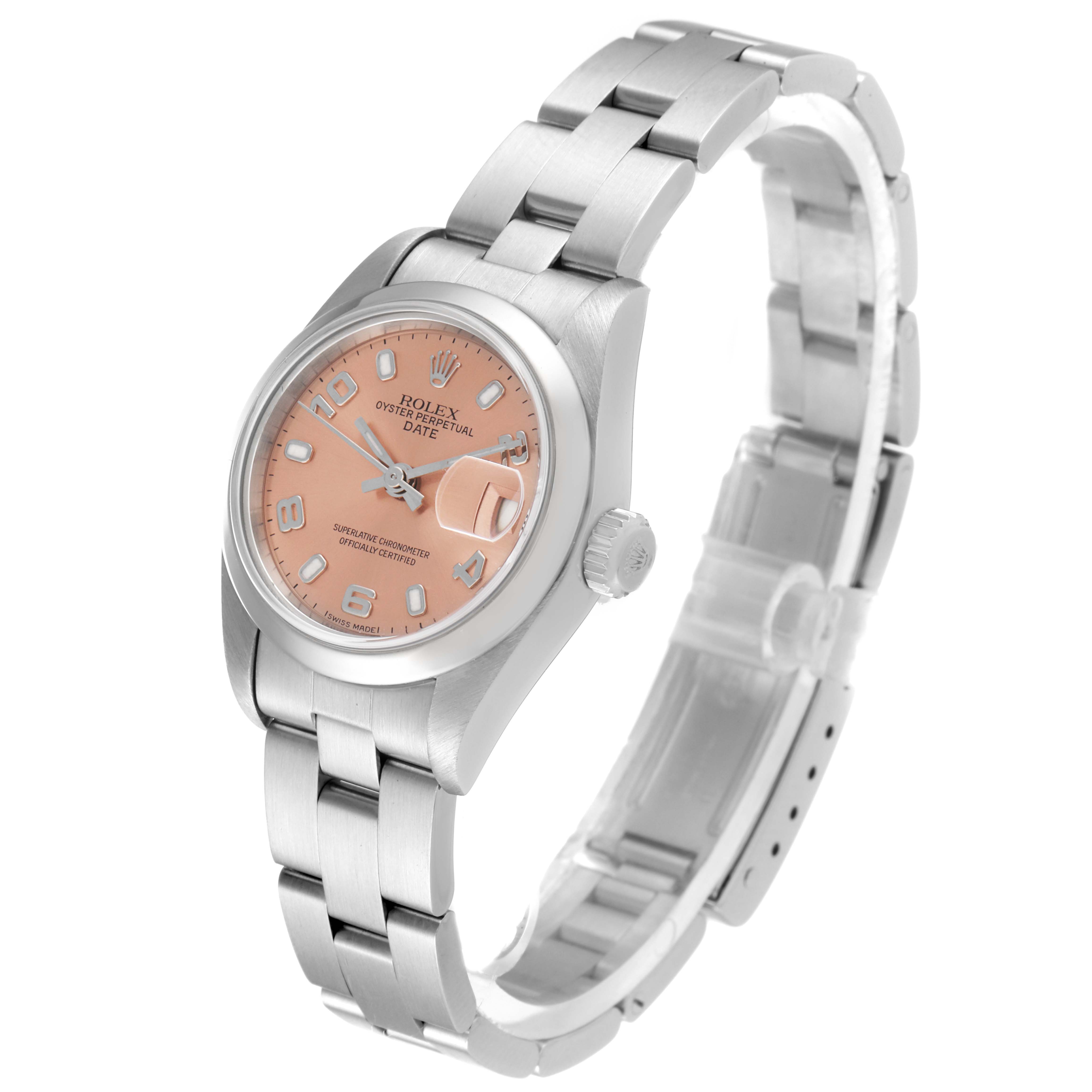 This image shows a Rolex Date 69160 Women's Stainless Steel Pink Dial 69160 Women's Stainless Steel Pink Dial model watch from an angled view, displaying its face, crown, and bracelet.