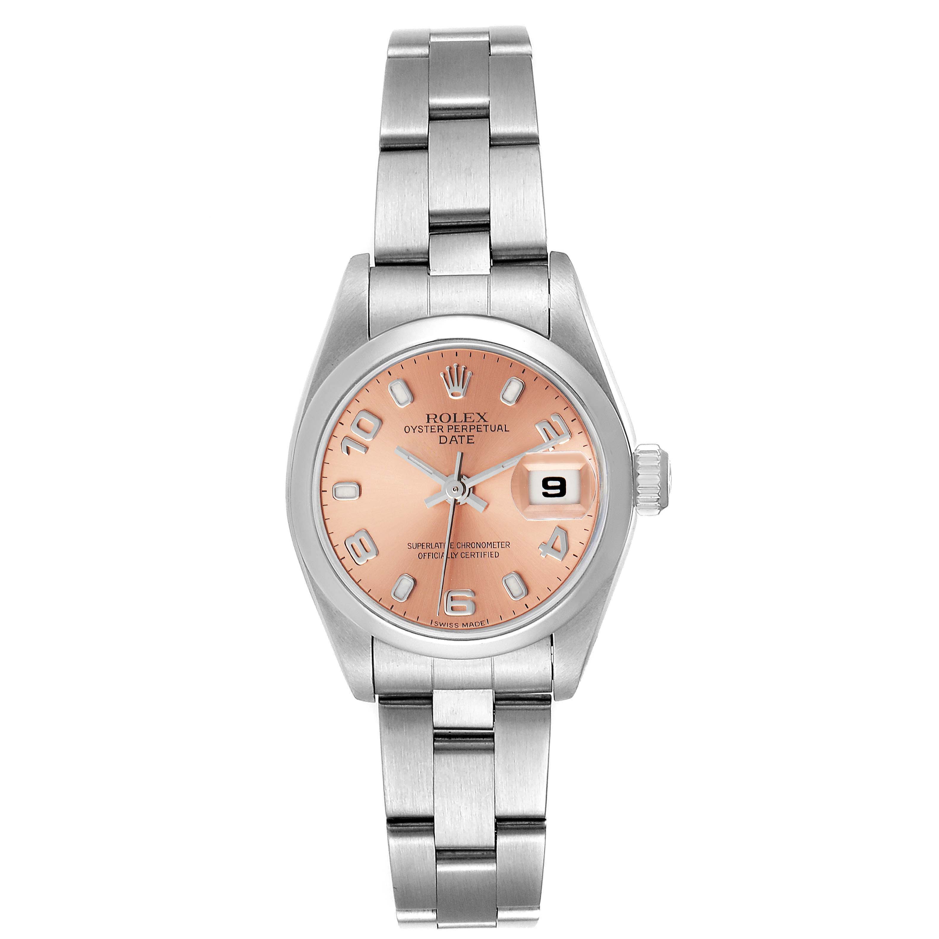 The image shows a Rolex Date 69160 Women's Stainless Steel Pink Dial 69160 Women's Stainless Steel Pink Dial model watch from a front angle, displaying the dial, bracelet, and date window.