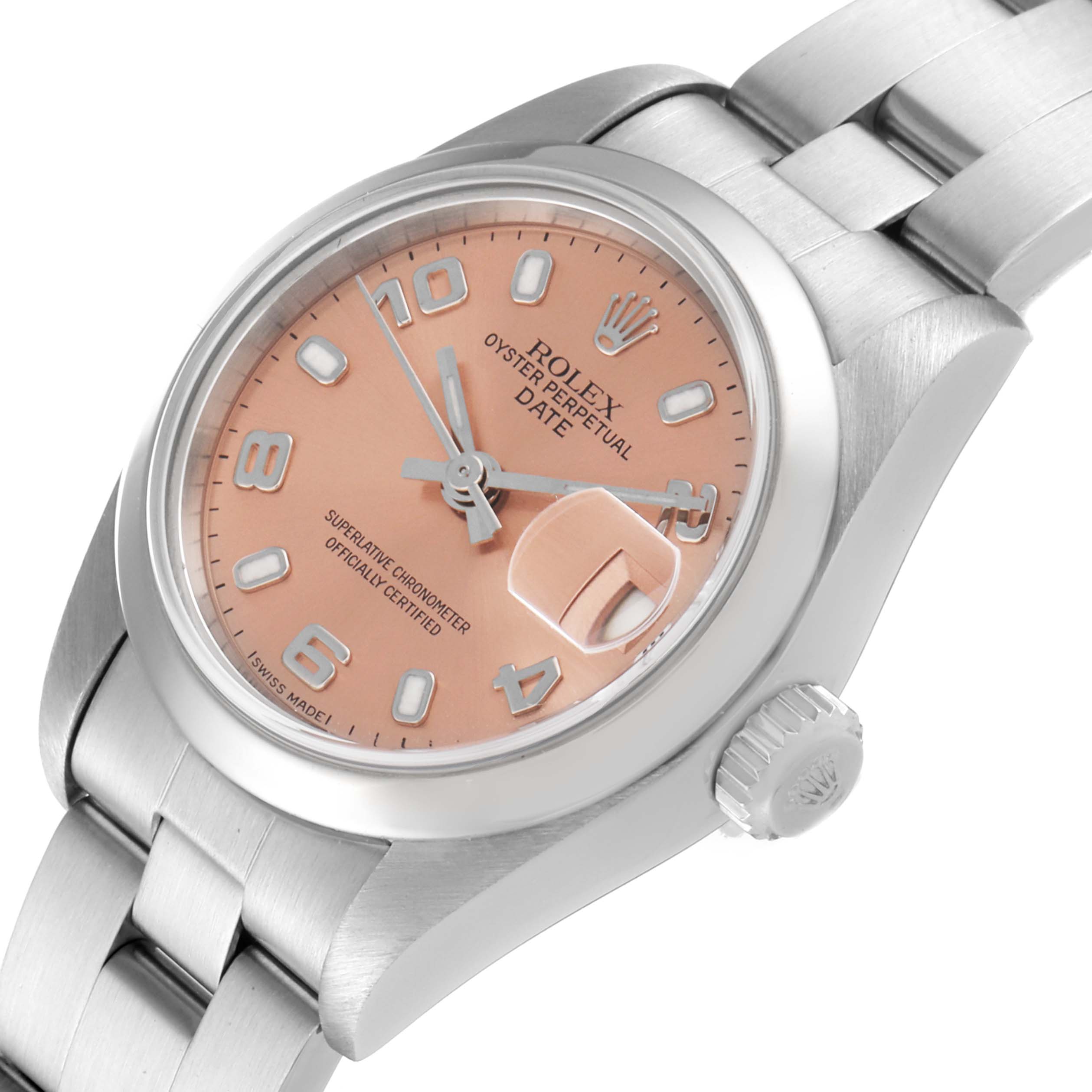 This image shows a close-up of a Rolex Date 69160 Women's Stainless Steel Pink Dial 69160 Women's Stainless Steel Pink Dial model watch, displaying the face, bezel, crown, and part of the bracelet.