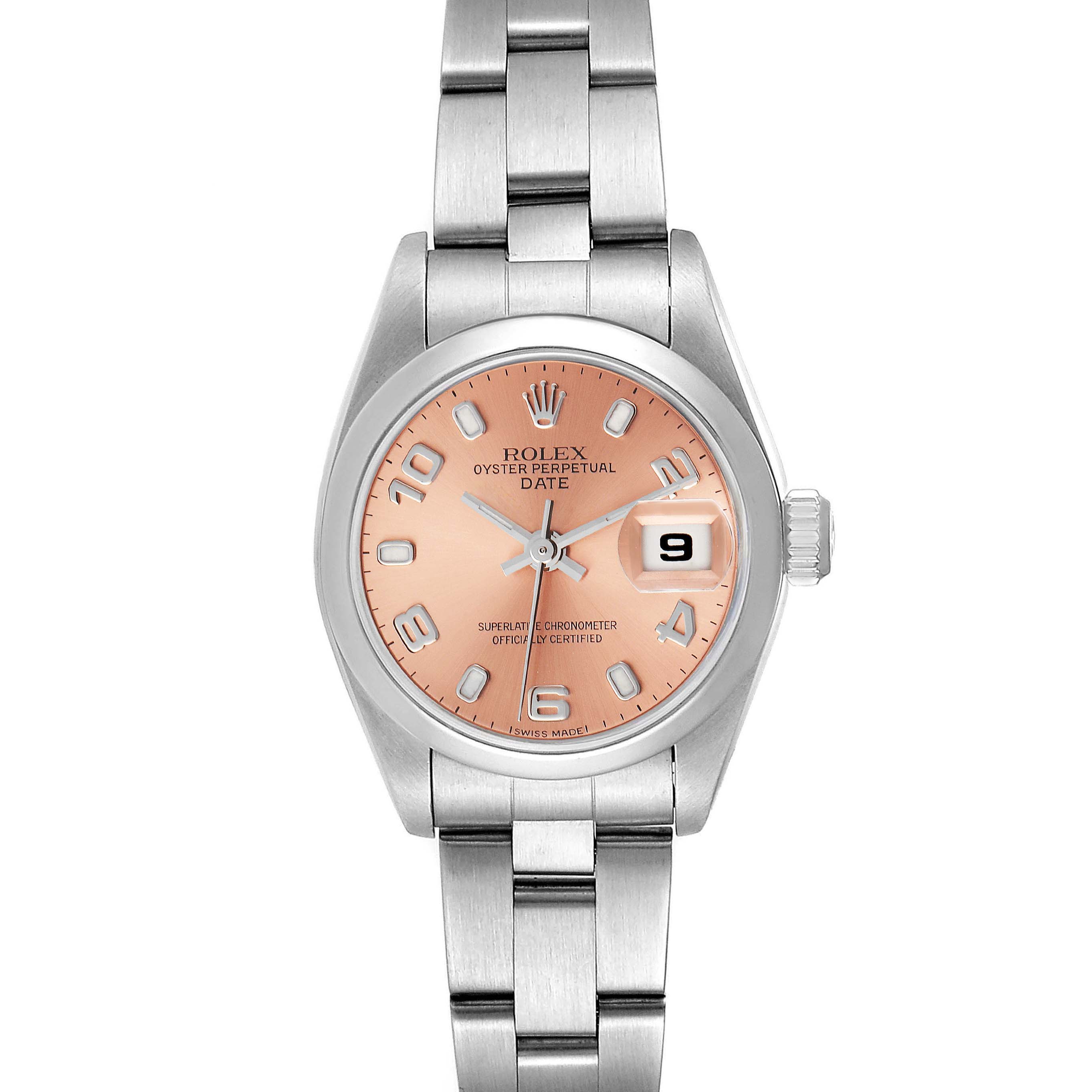 The image shows a front view of the Rolex Date 69160 Women's Stainless Steel Pink Dial 69160 Women's Stainless Steel Pink Dial model watch, displaying the dial, bracelet, and crown.