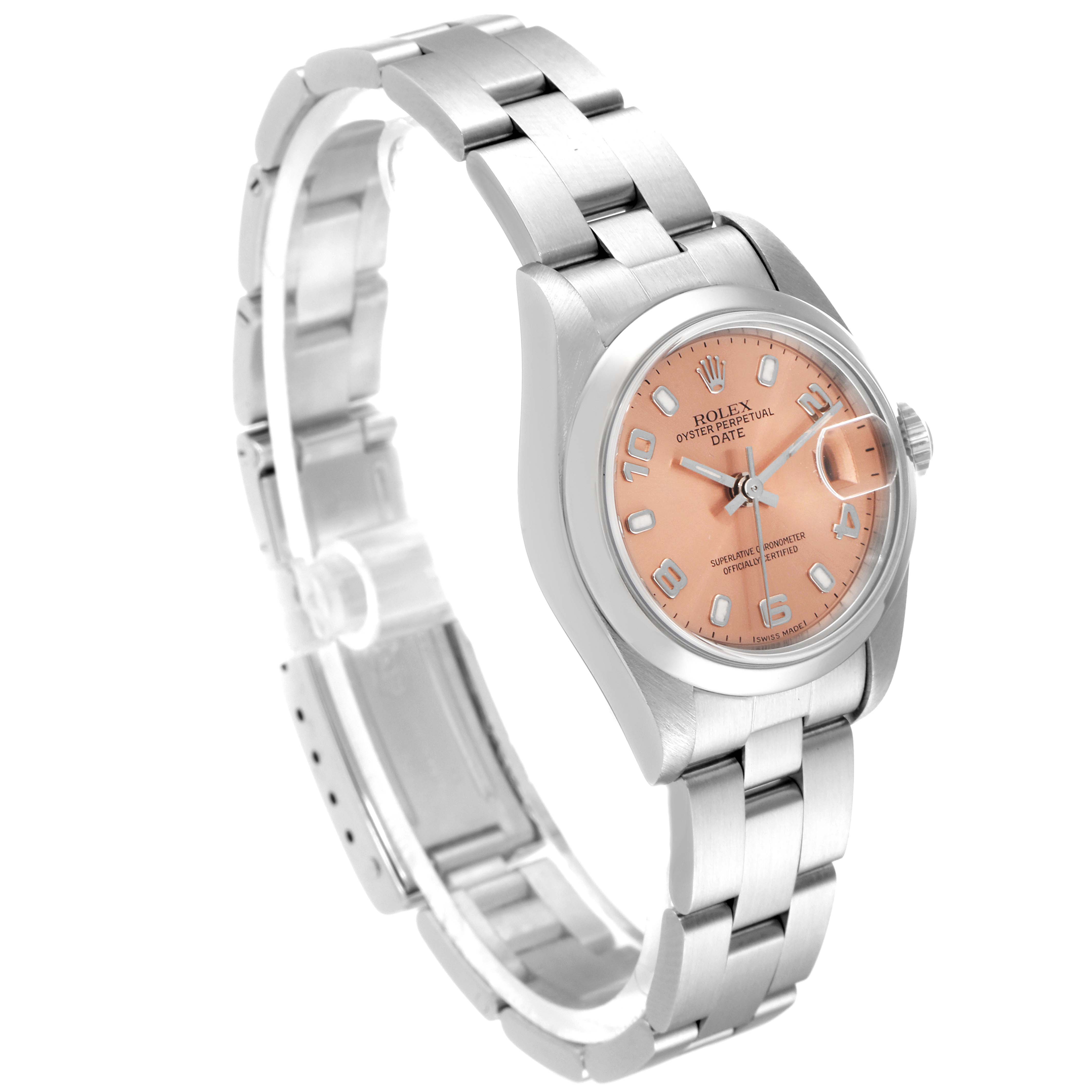 The image shows a Rolex Date 69160 Women's Stainless Steel Pink Dial 69160 Women's Stainless Steel Pink Dial model watch angled to display the face, case, bracelet, crown, and clasp.