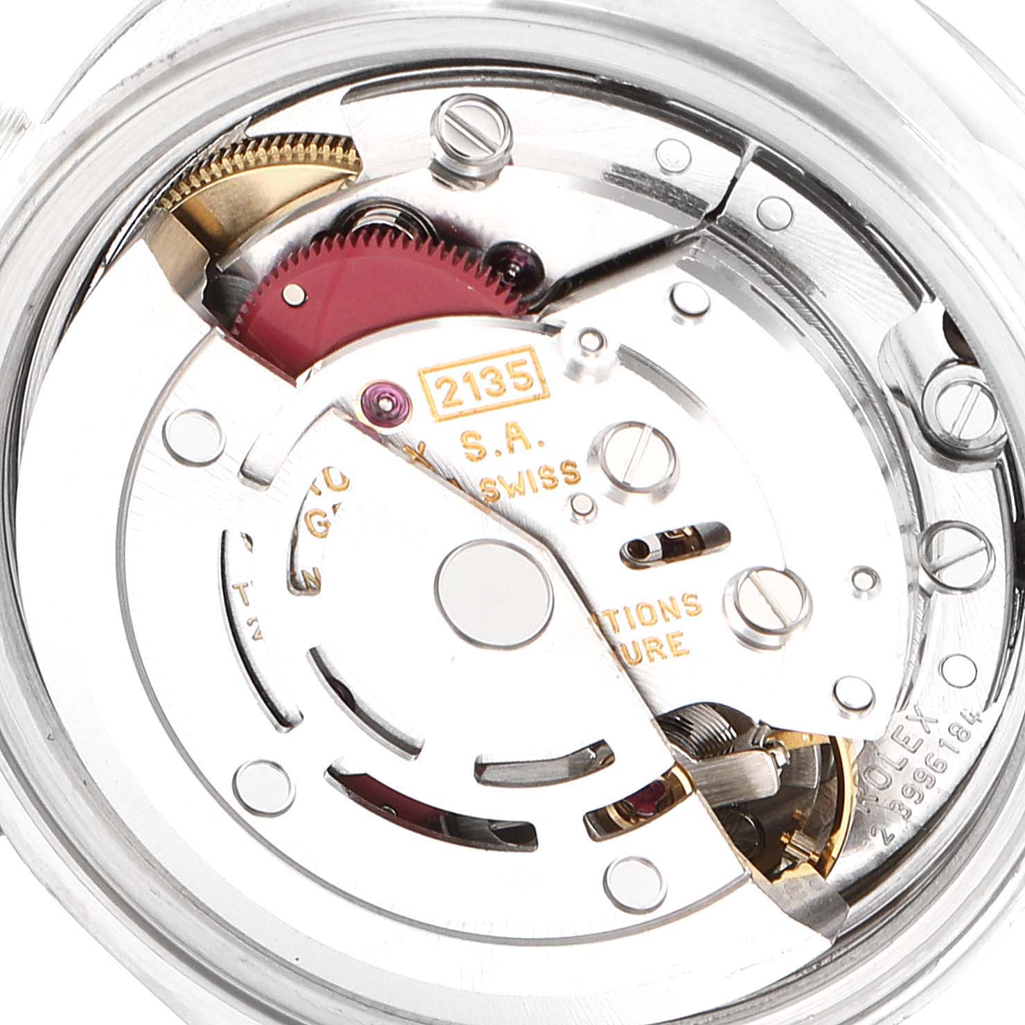 The image shows the movement mechanism of a Rolex Date 69160 Women's Stainless Steel Pink Dial 69160 Women's Stainless Steel Pink Dial model watch from a close-up and top-down angle.
