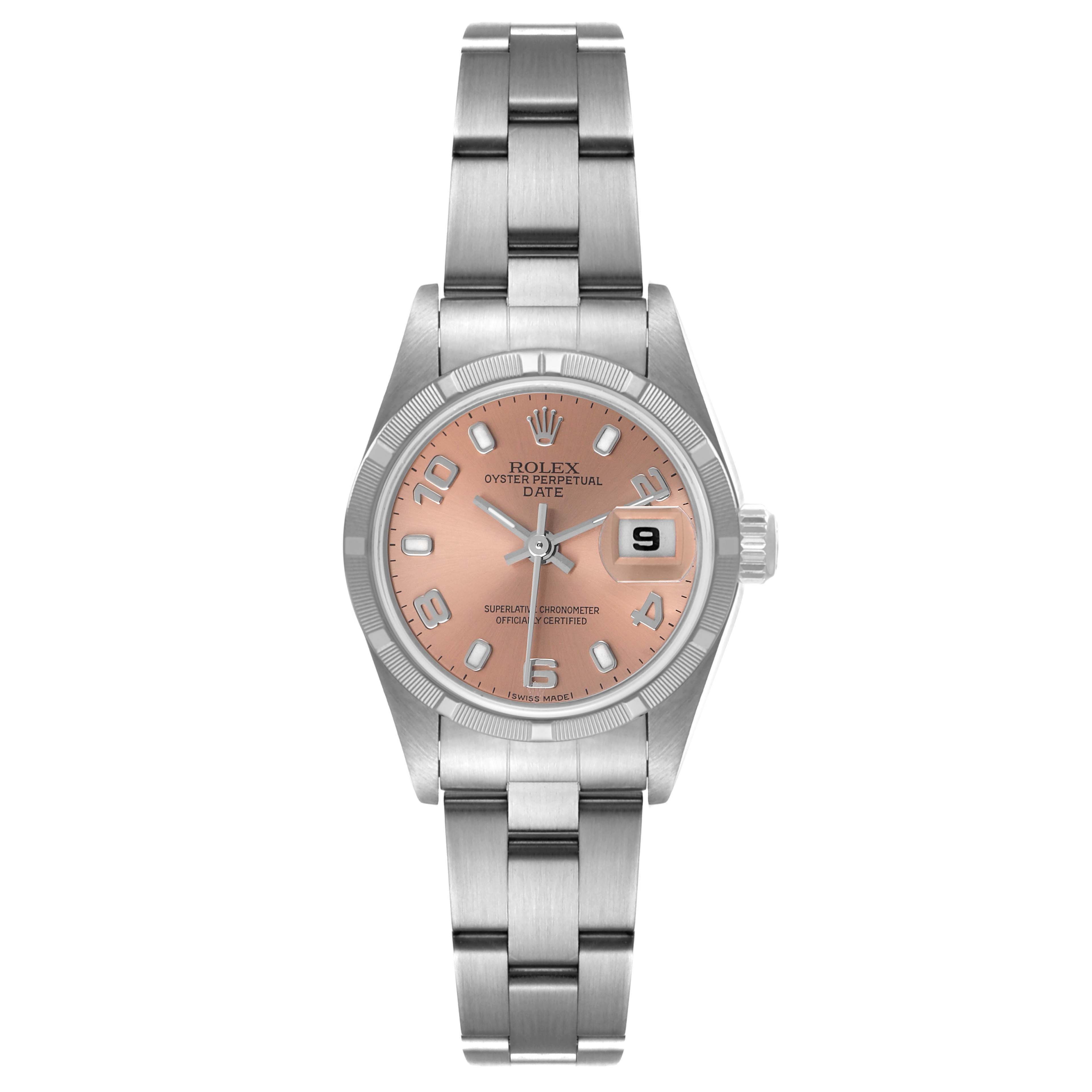 This image shows a front view of a Rolex Date 79190 Women's Stainless Steel Pink Dial 79190 Women's Stainless Steel Pink Dial model watch, highlighting the dial, bezel, bracelet, and date window.