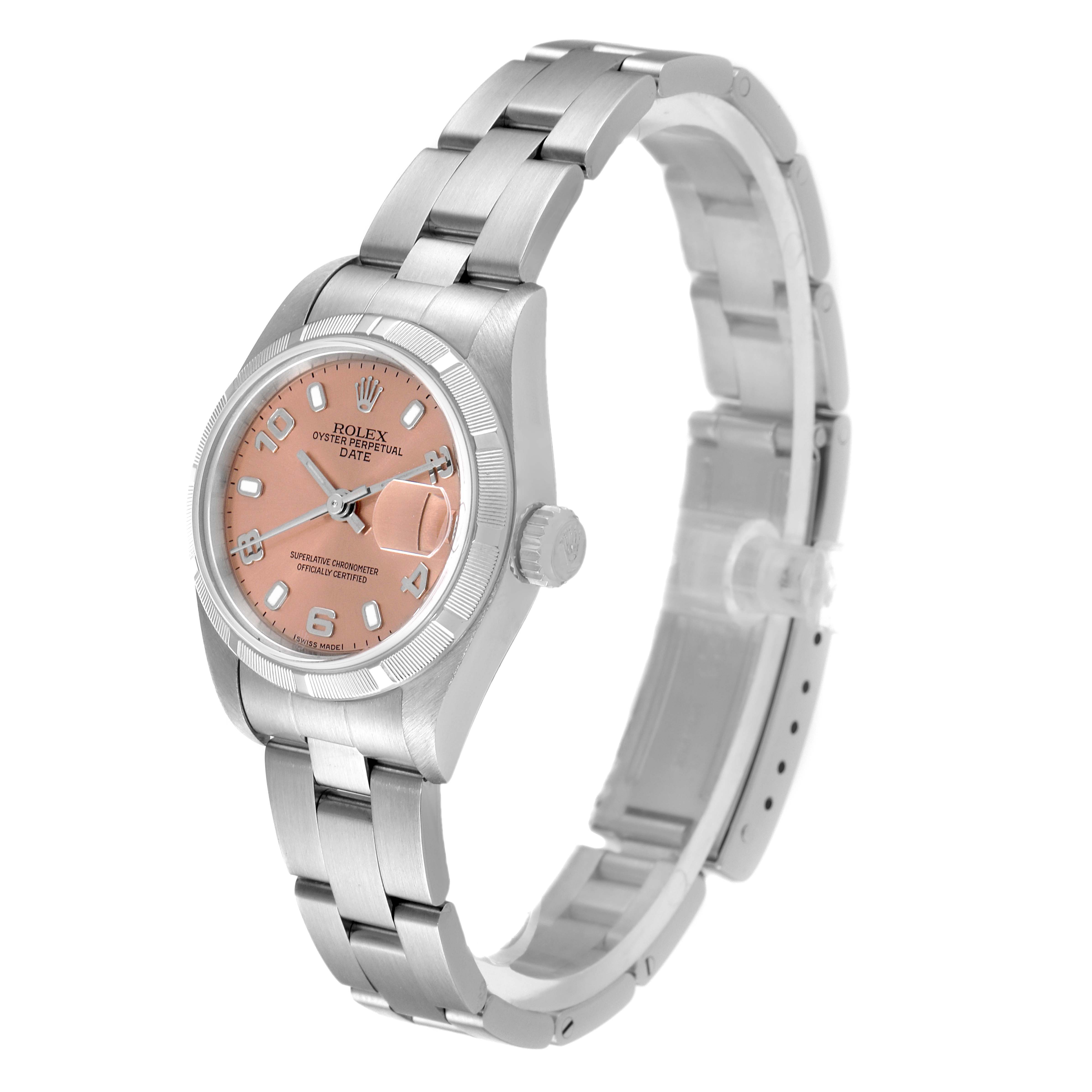 The image shows a Rolex Date 79190 Women's Stainless Steel Pink Dial 79190 Women's Stainless Steel Pink Dial model watch at a 3/4 angle, highlighting the face, bezel, crown, and bracelet.