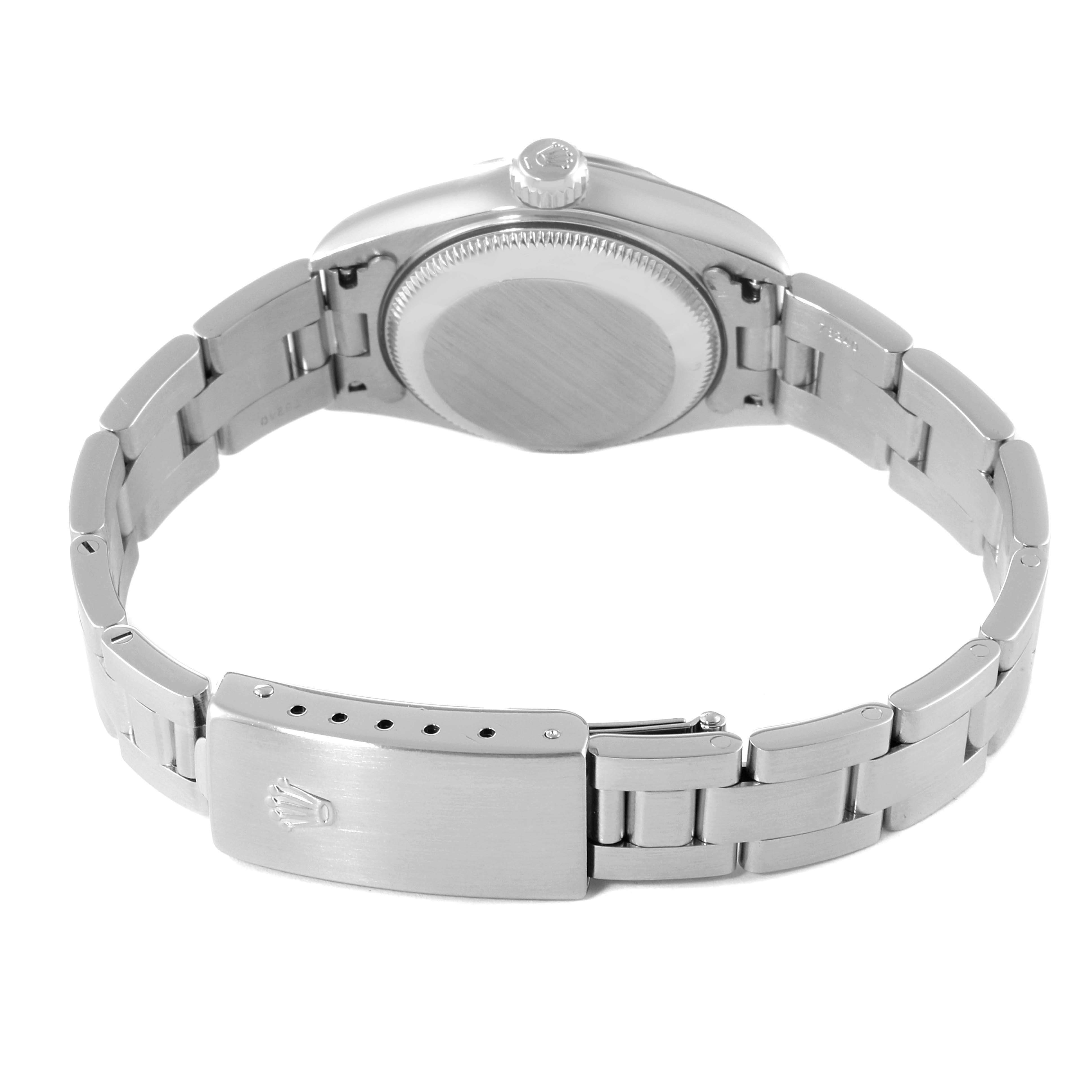 The image shows the back view of a Rolex Date 79190 Women's Stainless Steel Pink Dial 79190 Women's Stainless Steel Pink Dial model, highlighting its case back, bracelet, and clasp.