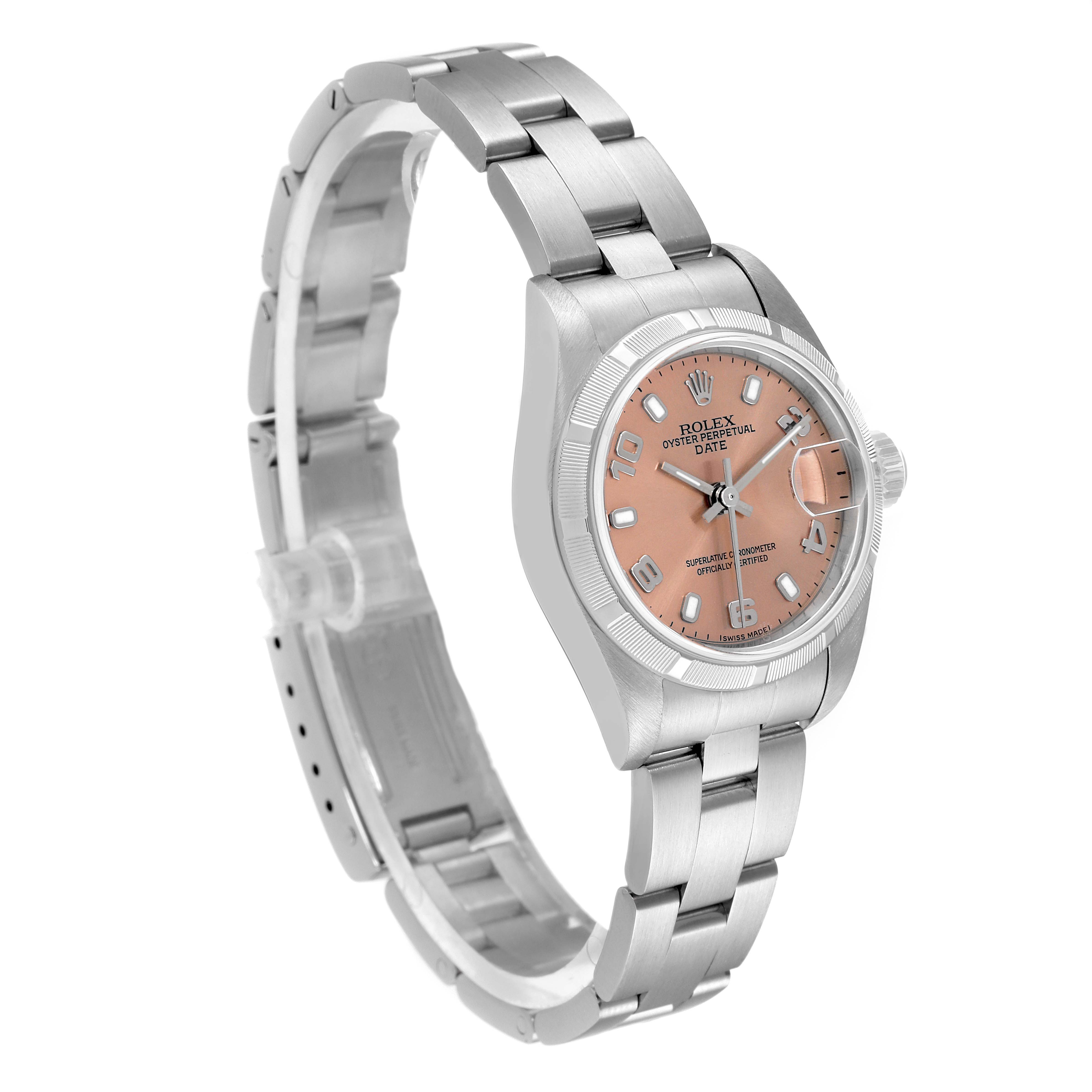 The image shows a Rolex Date 79190 Women's Stainless Steel Pink Dial 79190 Women's Stainless Steel Pink Dial model watch at a three-quarter angle, displaying the dial, bezel, and bracelet.