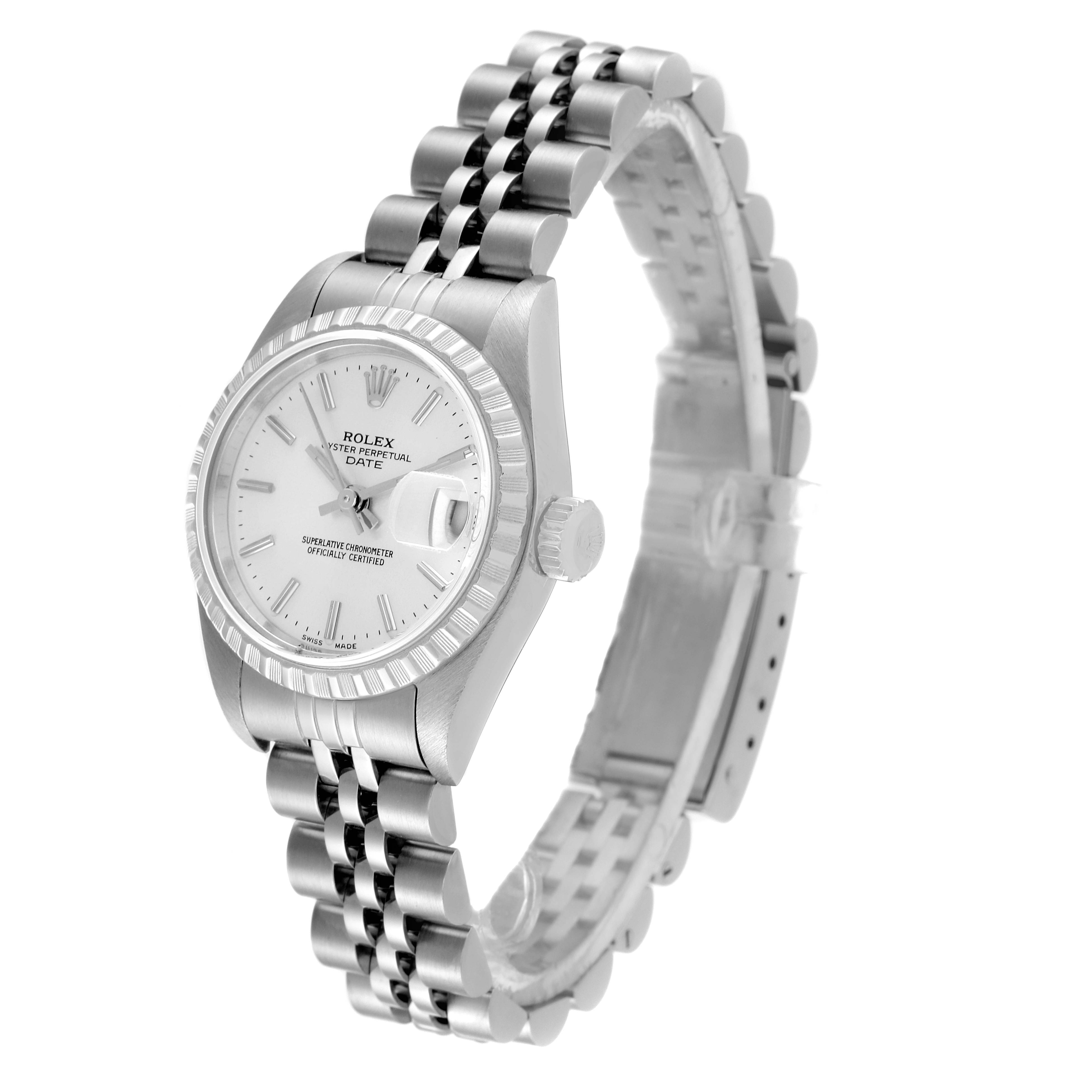 This image shows a Rolex Date 79240 Women
s Stainless Steel Silver Dial 79240 Women
s Stainless Steel Silver Dial model watch at a three-quarter angle, highlighting the face, bezel, crown, and jubilee bracelet.
