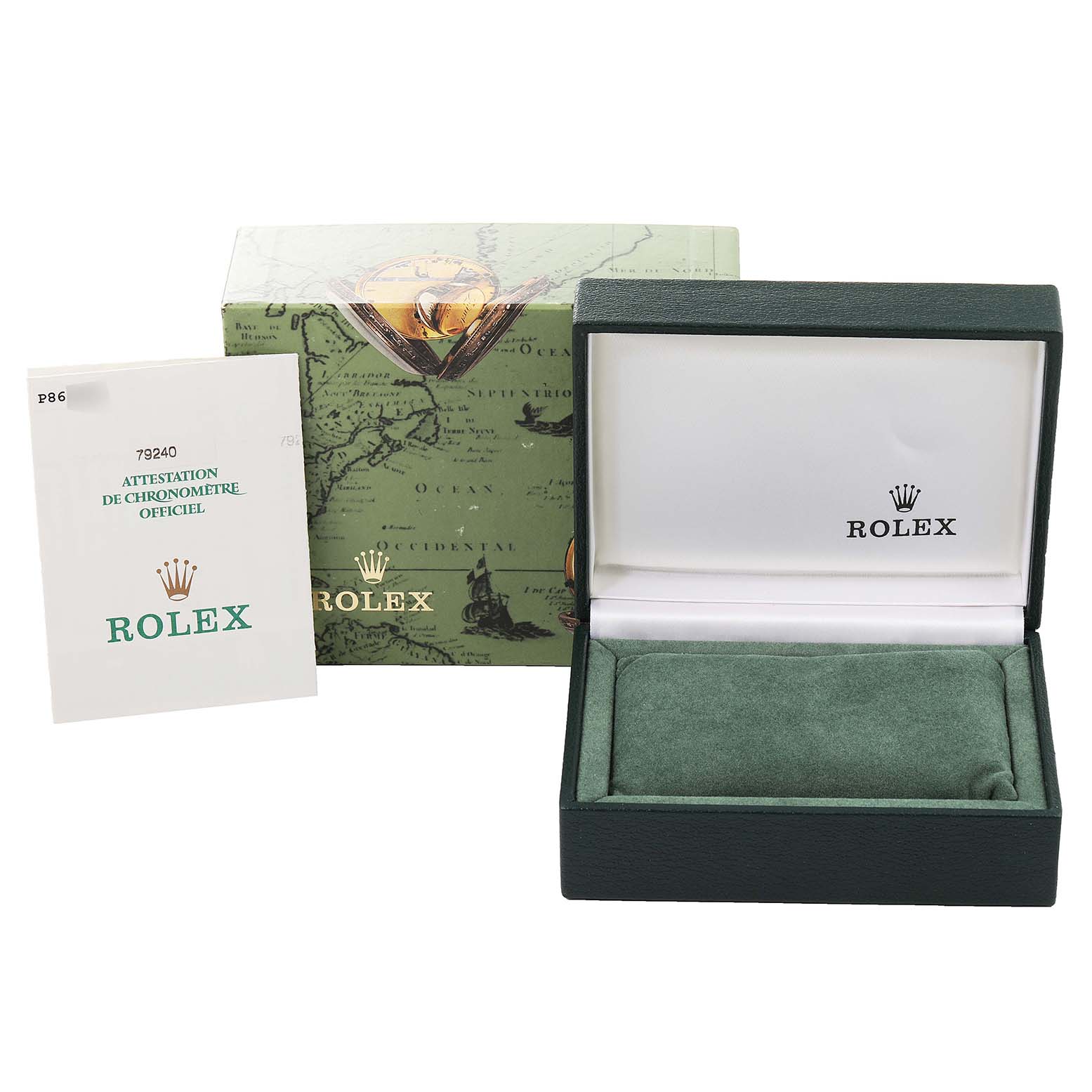 The image shows the box, packaging, and certificate for a Date model by Rolex.