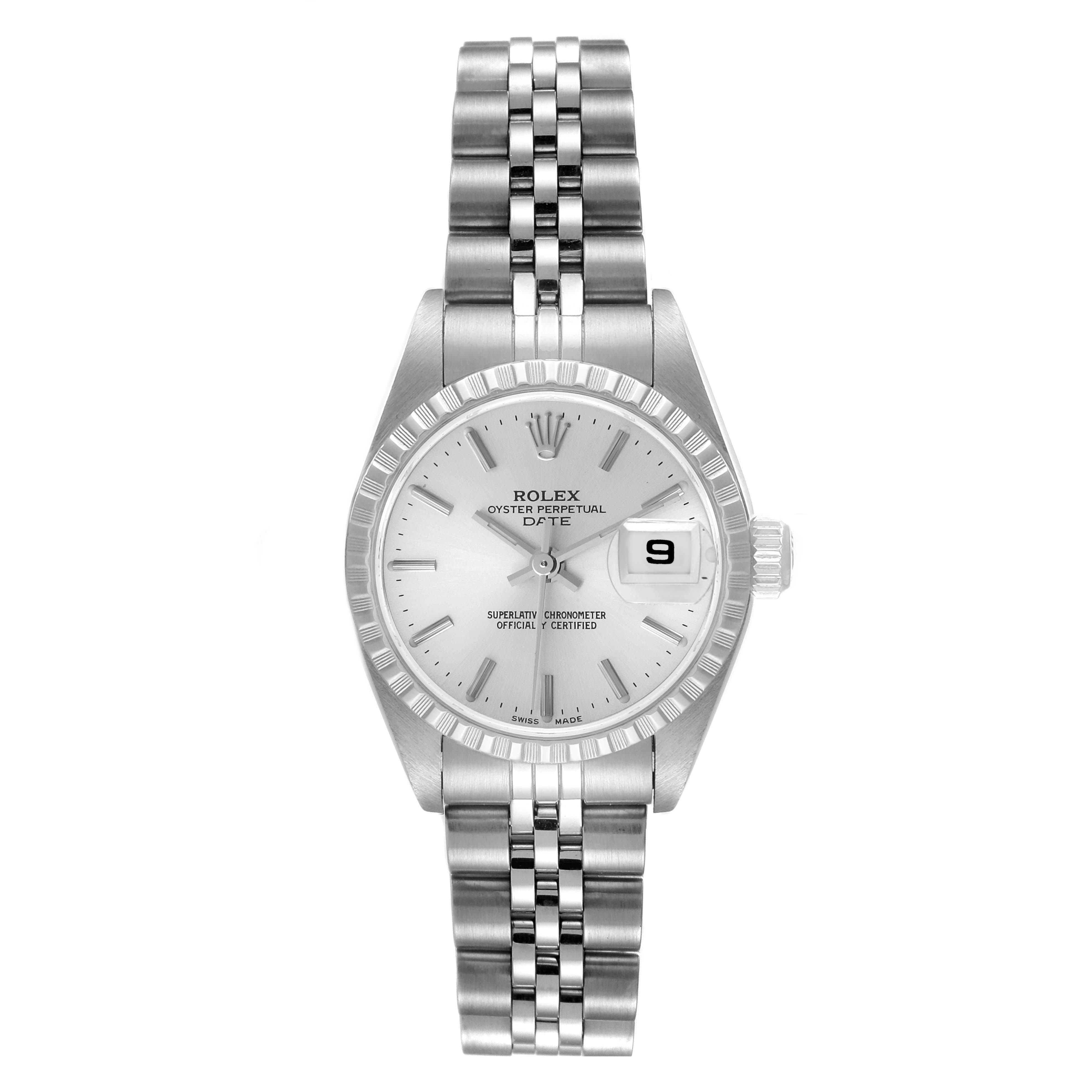This image shows a front view of the Rolex Date 79240 Women
s Stainless Steel Silver Dial 79240 Women
s Stainless Steel Silver Dial model watch, displaying the dial, bezel, and bracelet.