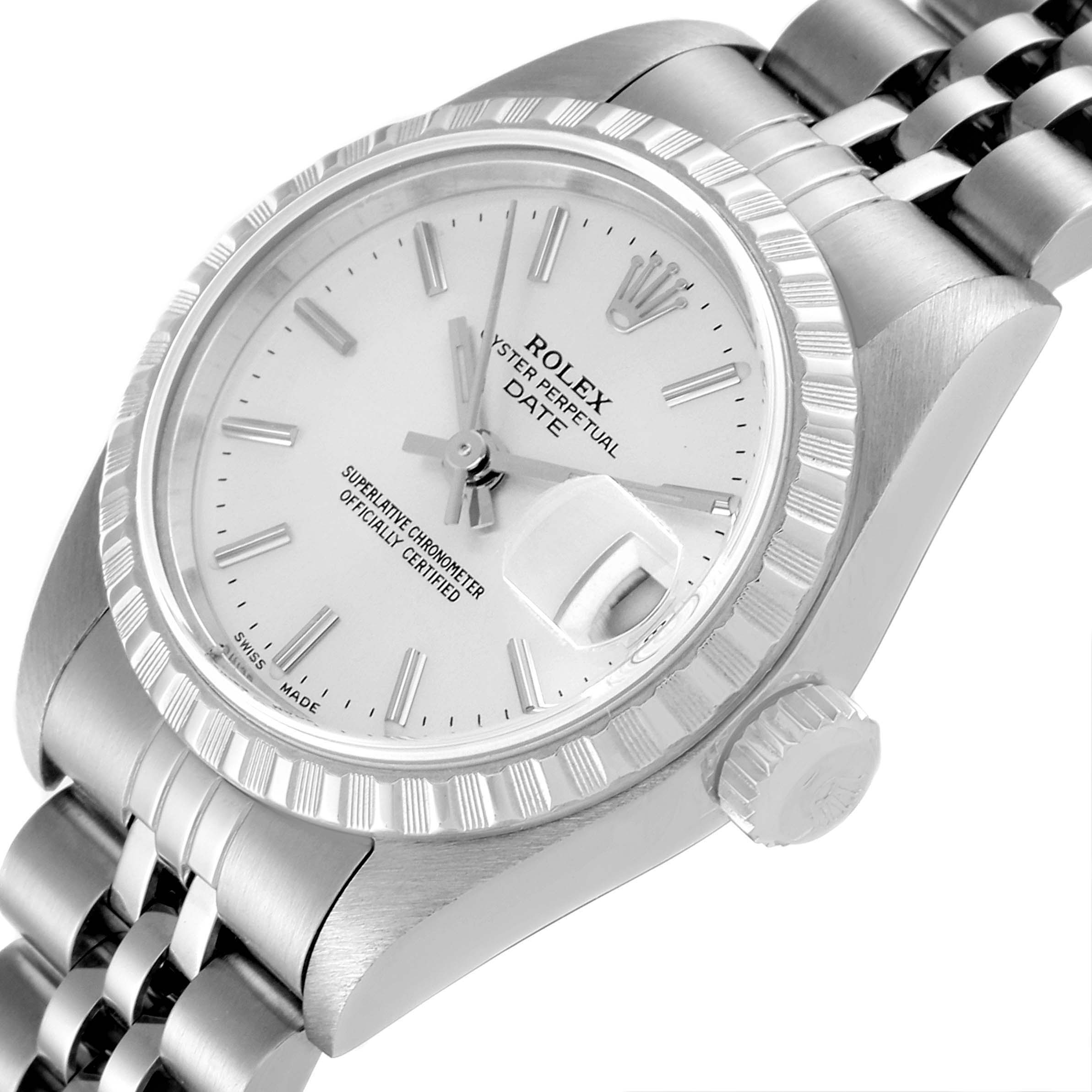 The image shows a close-up angled view of a Rolex Date 79240 Women
s Stainless Steel Silver Dial 79240 Women
s Stainless Steel Silver Dial model watch, highlighting the dial, bezel, and bracelet.
