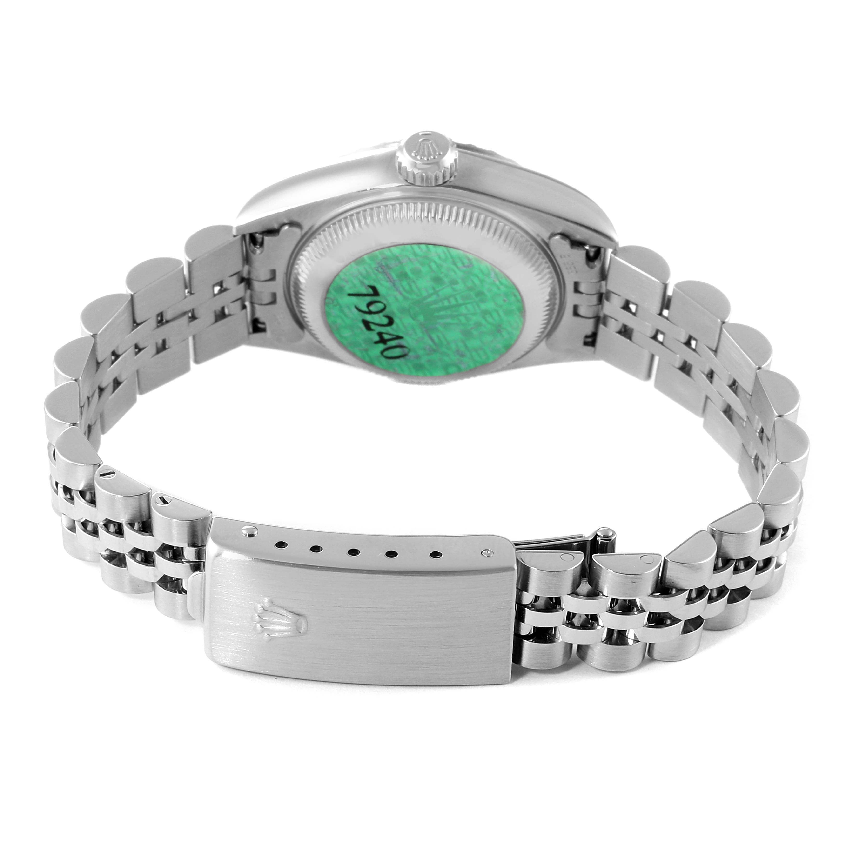 The image shows the back and bracelet clasp of a Rolex Date 79240 Women
s Stainless Steel Silver Dial 79240 Women
s Stainless Steel Silver Dial model watch.