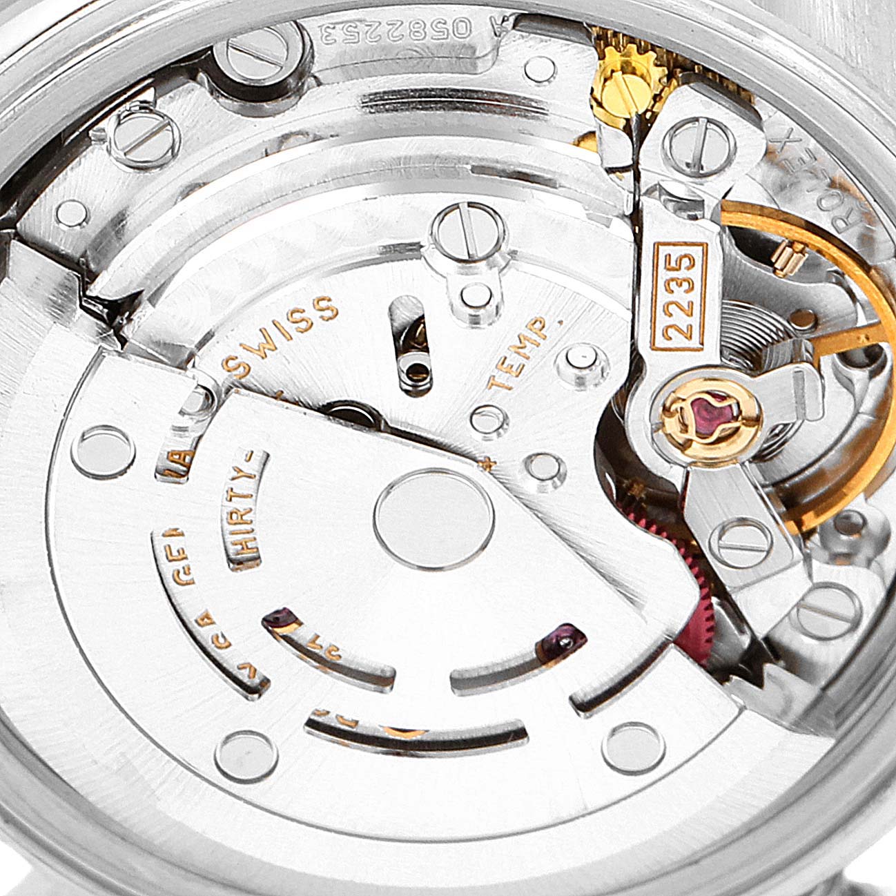 This image shows a close-up of the movement mechanism of a Rolex Date 79240 Women
s Stainless Steel Silver Dial 79240 Women
s Stainless Steel Silver Dial model watch.