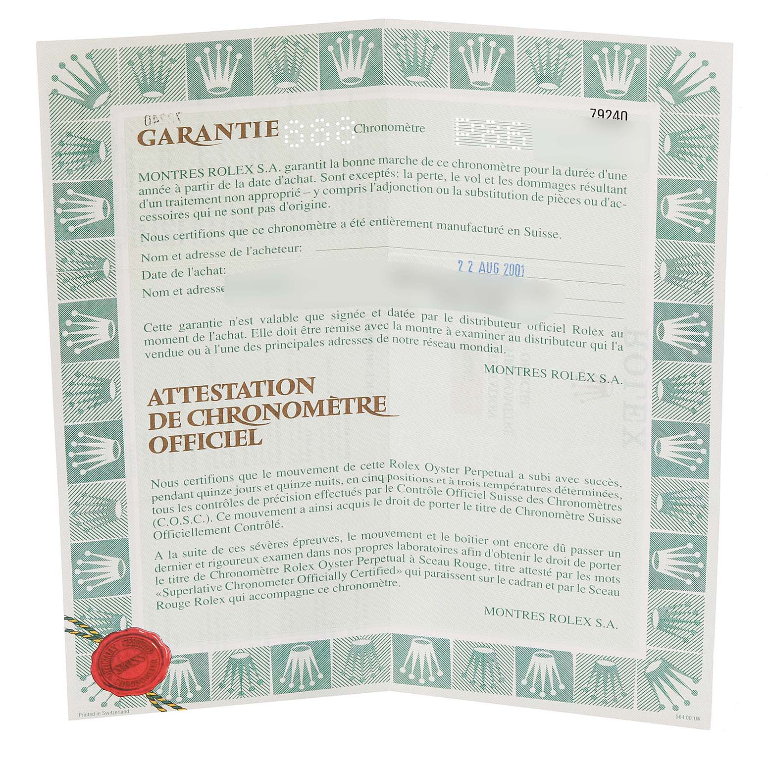 This image displays the official warranty and certification for a Rolex Date 79240 Women
s Stainless Steel Silver Dial 79240 Women
s Stainless Steel Silver Dial model watch.