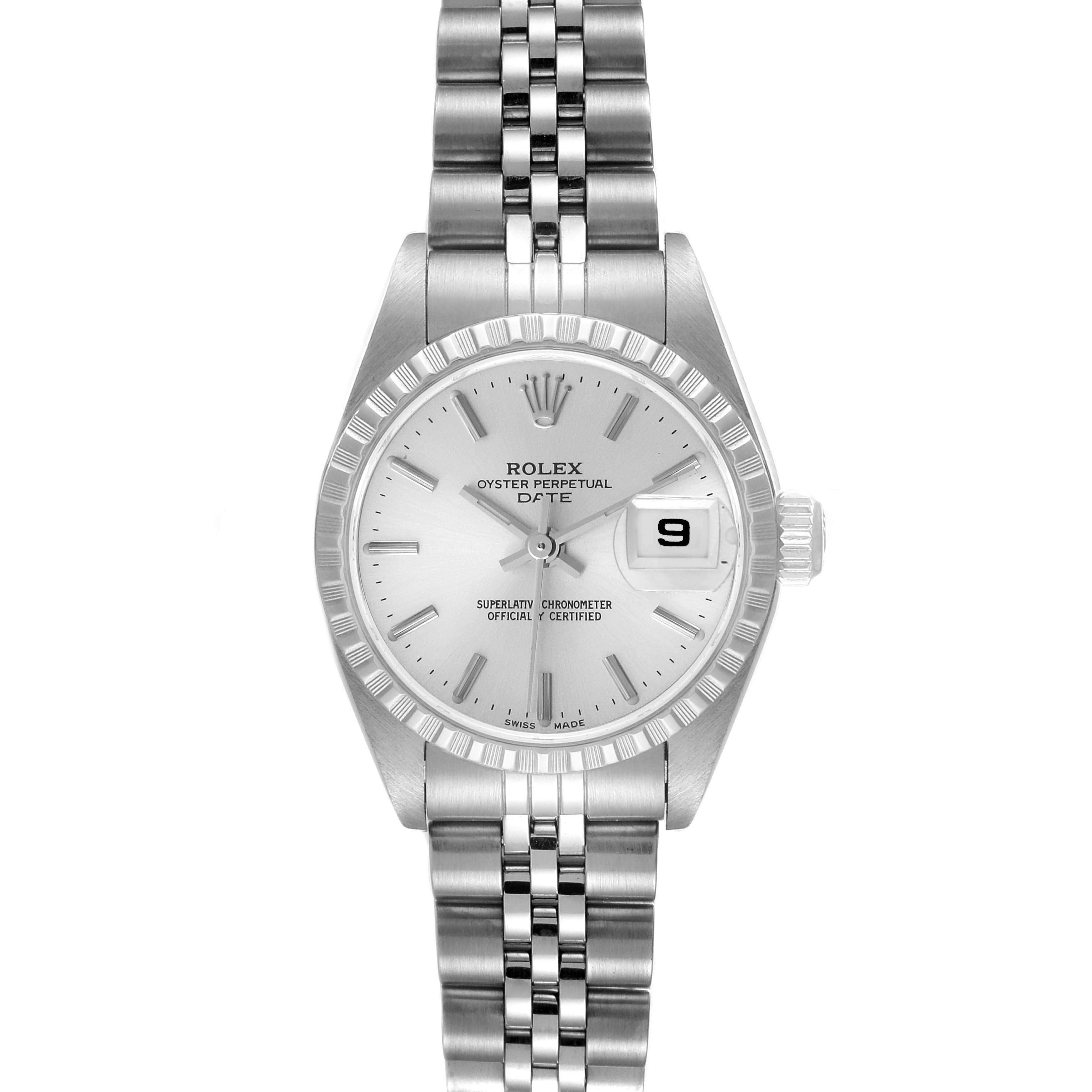 This image shows a front view of the Rolex Date 79240 Women
s Stainless Steel Silver Dial 79240 Women
s Stainless Steel Silver Dial model watch, highlighting the face, bezel, and bracelet.