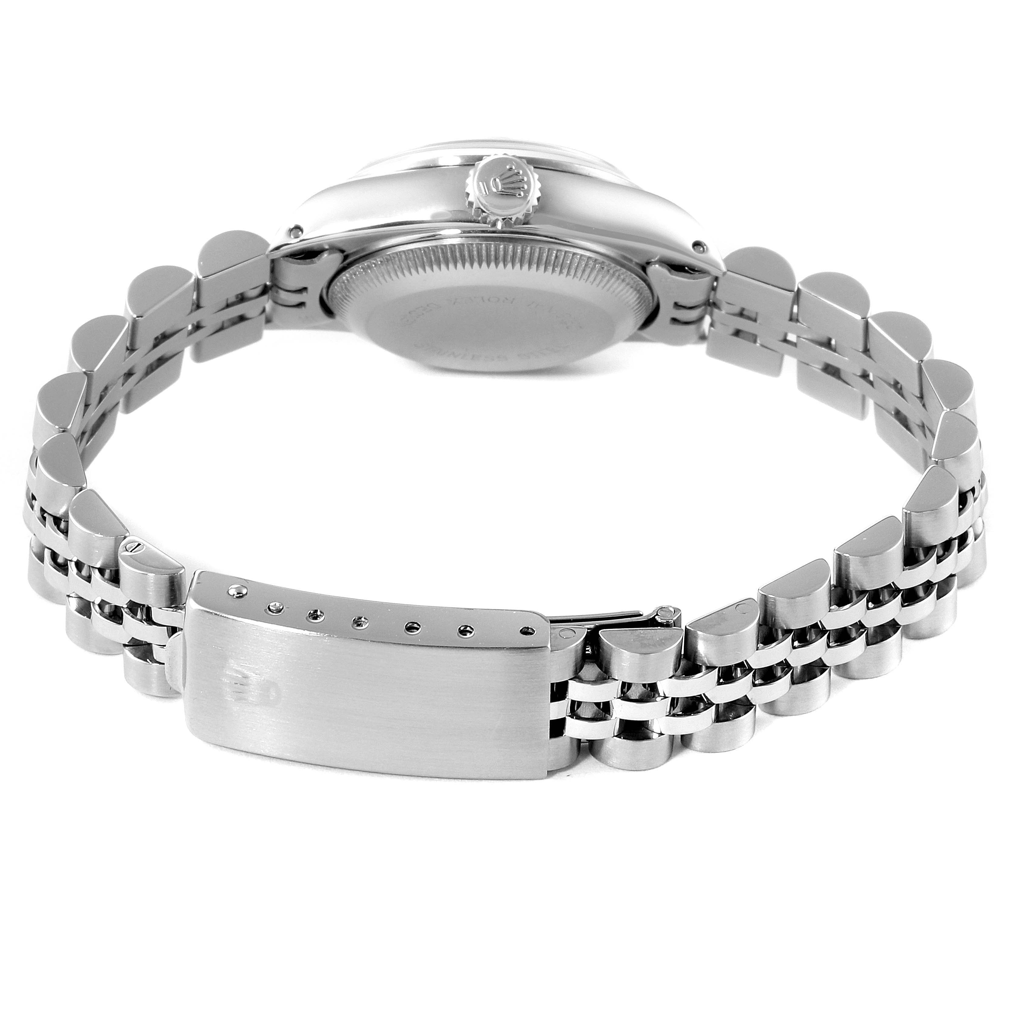 The image shows the back case, crown, and bracelet of a Rolex Date 69160 Women
s Stainless Steel Silver Dial 69160 Women
s Stainless Steel Silver Dial watch.