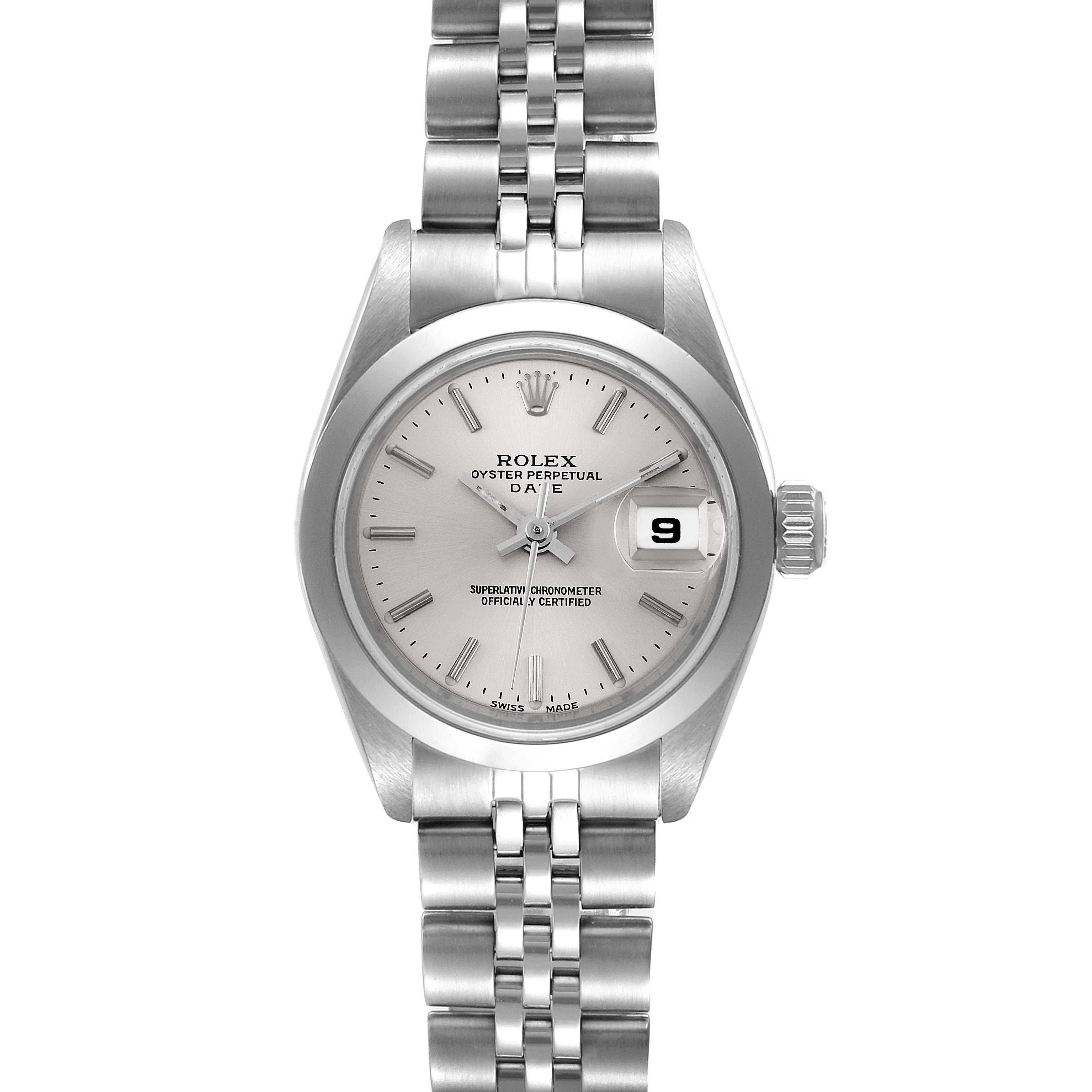 This image shows a front view of the Rolex Date 69160 Women
s Stainless Steel Silver Dial 69160 Women
s Stainless Steel Silver Dial model watch, displaying the dial, bracelet, and crown.
