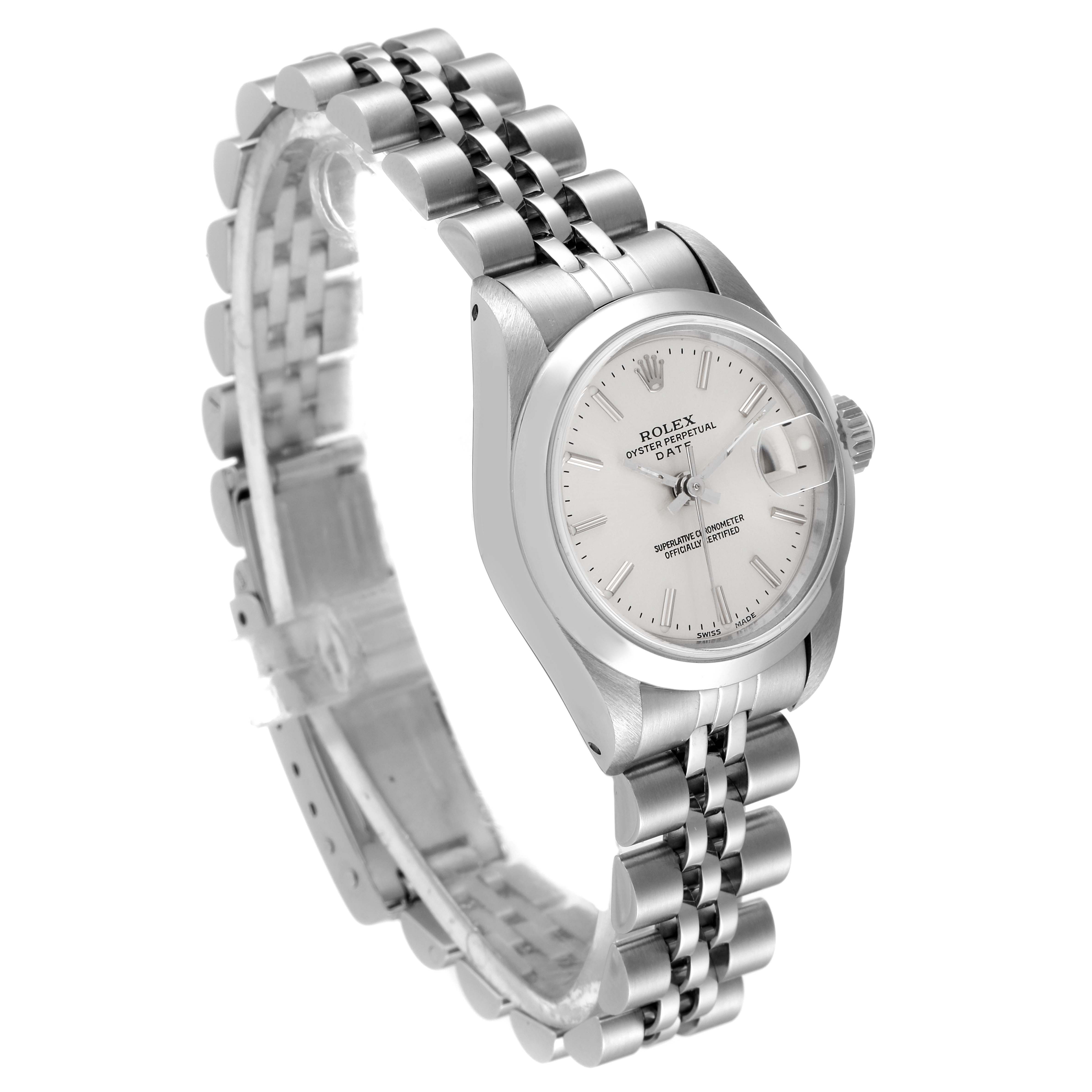The image shows a side angle view of a Rolex Date 69160 Women
s Stainless Steel Silver Dial 69160 Women
s Stainless Steel Silver Dial model watch, highlighting its face, bezel, crown, and metal bracelet.
