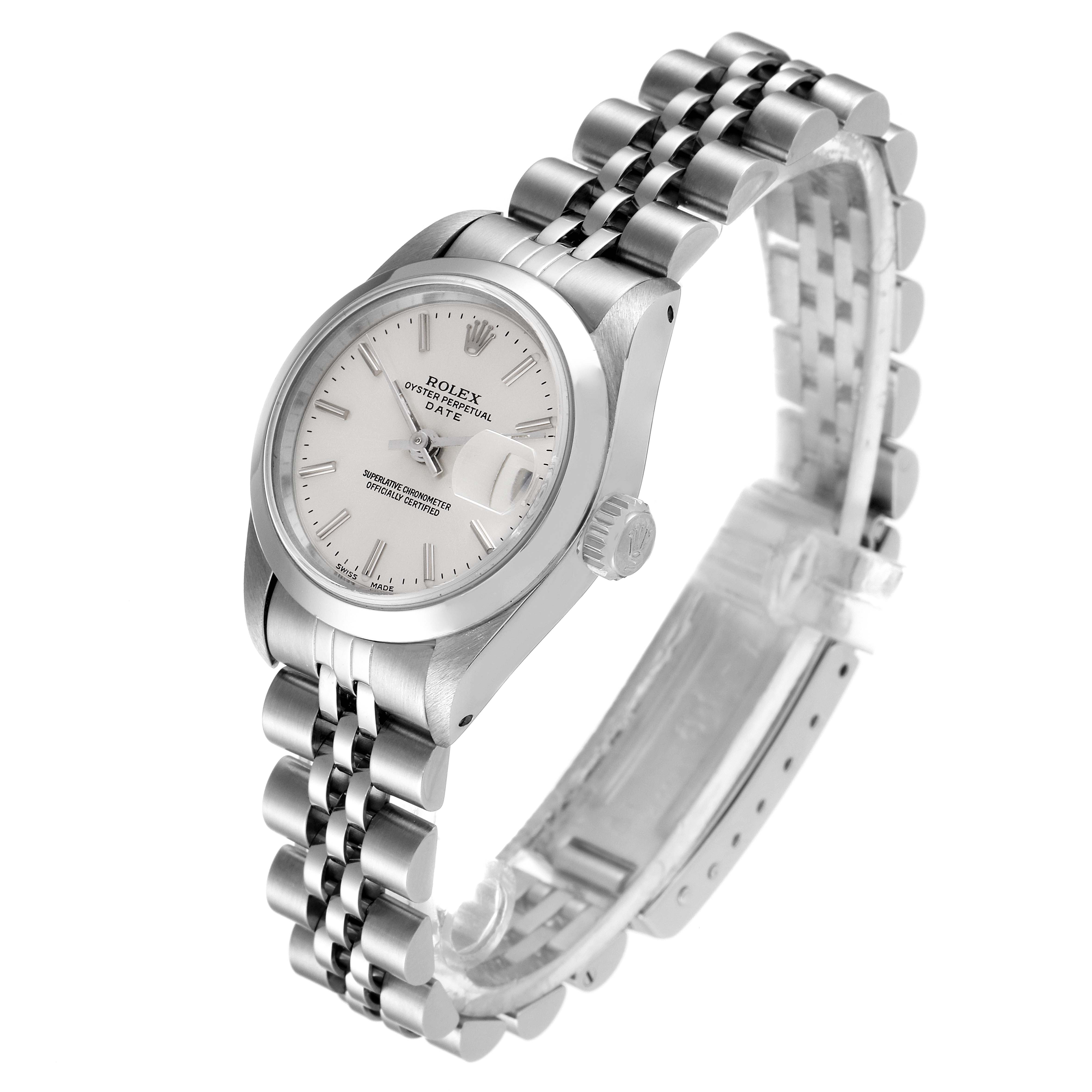 The Rolex Date 69160 Women
s Stainless Steel Silver Dial 69160 Women
s Stainless Steel Silver Dial watch is shown at a three-quarter angle, displaying its dial, crown, and jubilee bracelet.