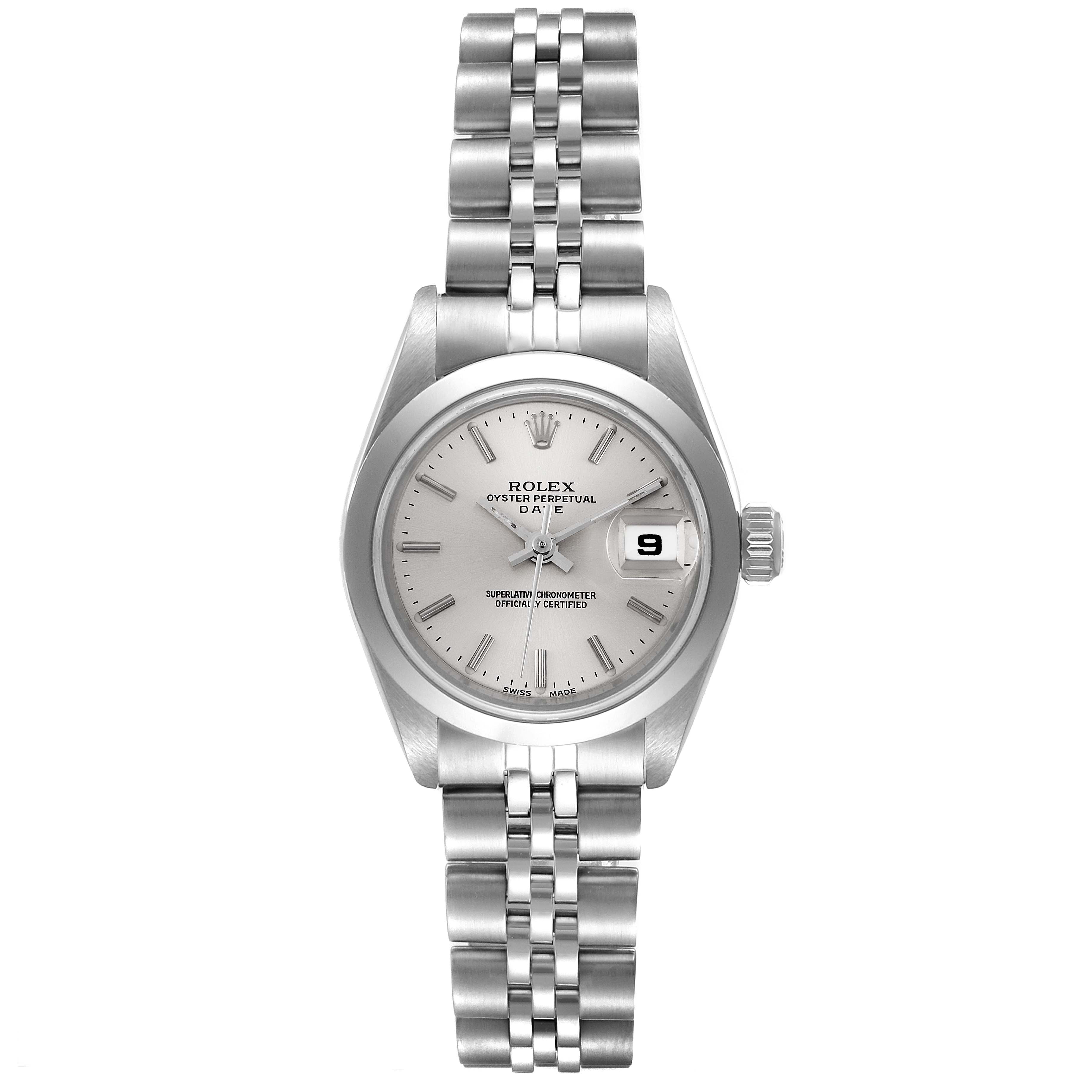 The image shows a Rolex Oyster Perpetual Date watch from a front view, displaying the dial, date window, and bracelet.