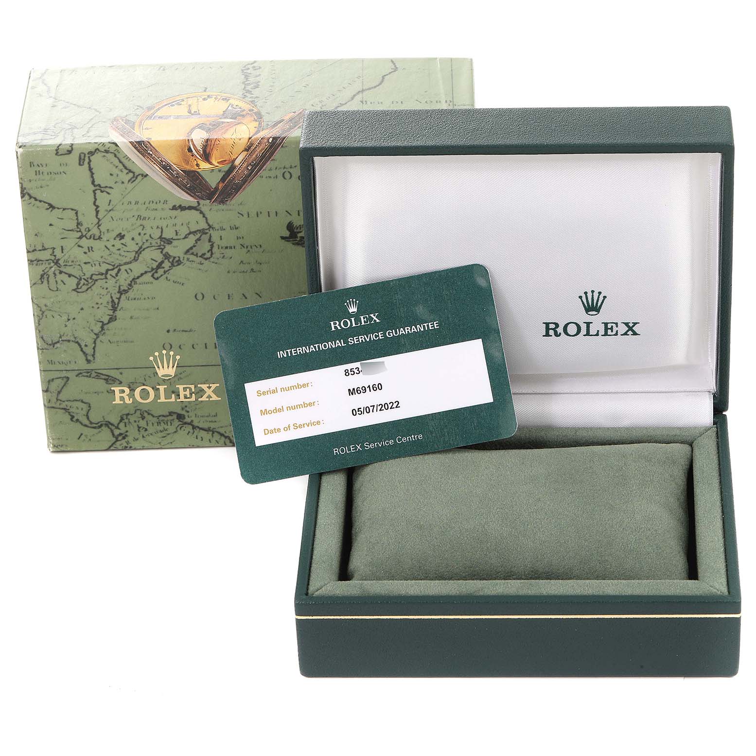 The image shows a Rolex Date 69160 Women
s Stainless Steel Silver Dial 69160 Women
s Stainless Steel Silver Dial model watch box, guarantee card, and outer packaging from a slightly elevated angle.