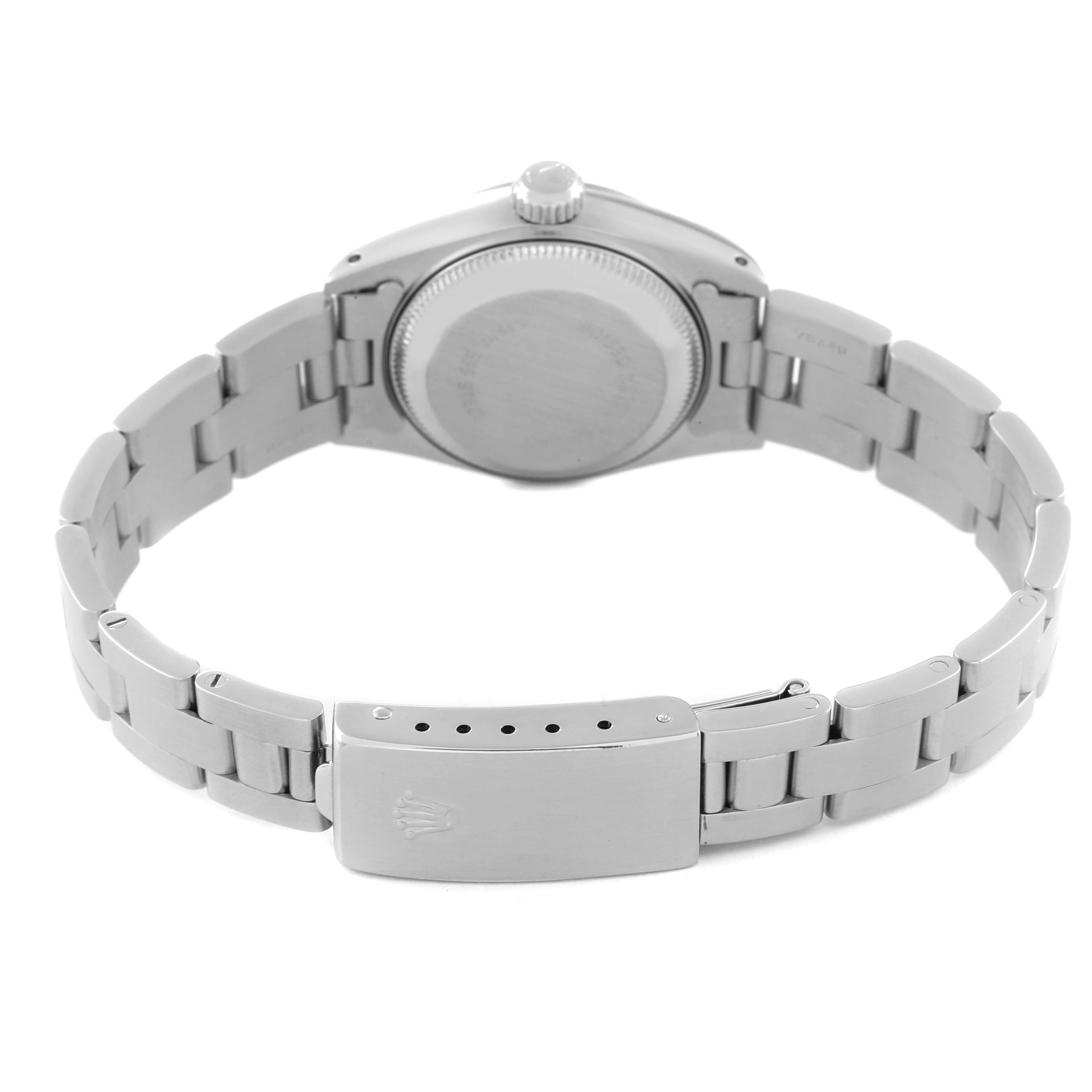 The image shows the back view of the Rolex Oyster Perpetual 69160 Women's Stainless Steel Silver Dial 69160 Women's Stainless Steel Silver Dial watch, highlighting the case back and the bracelet with clasp.