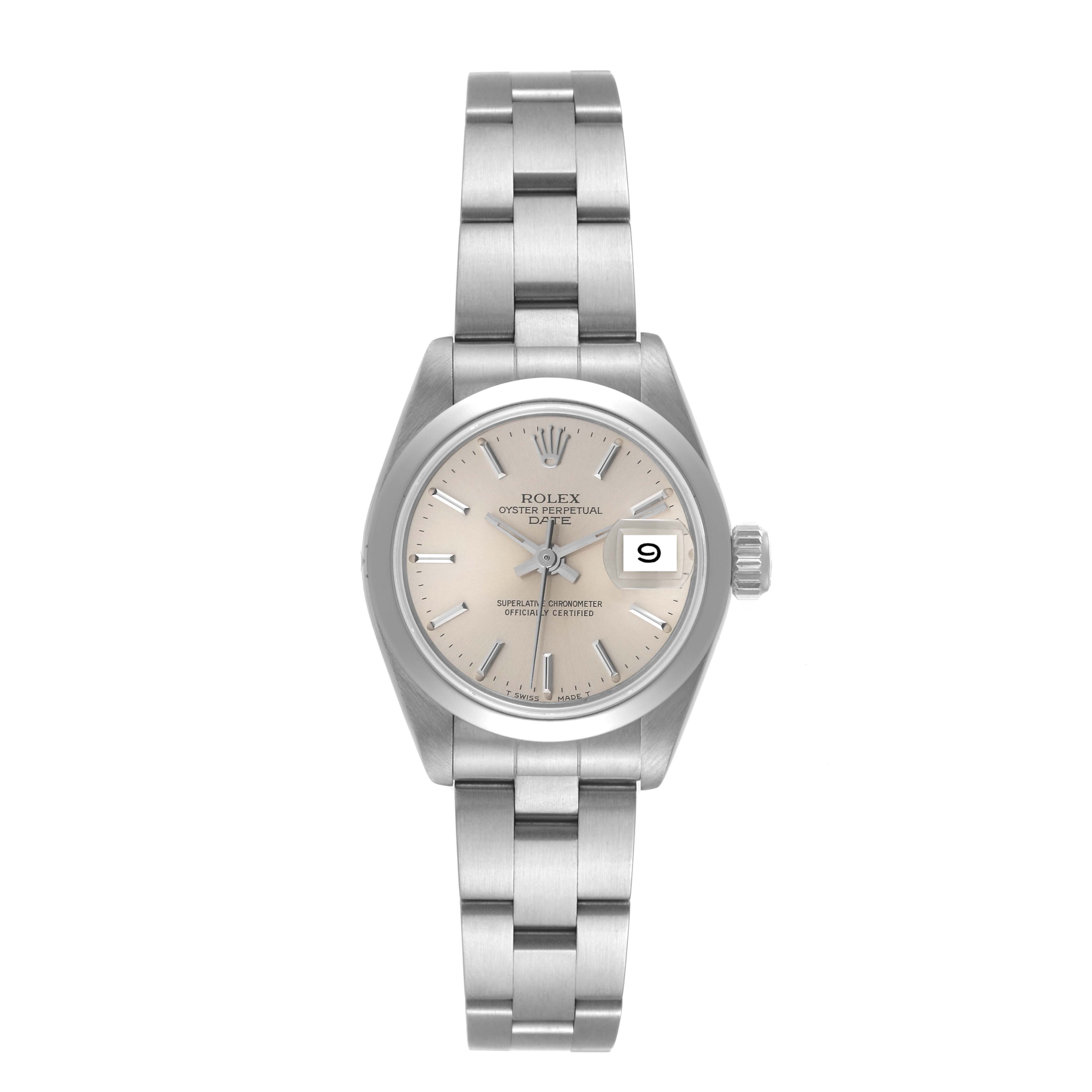 This Rolex Oyster Perpetual 69160 Women's Stainless Steel Silver Dial 69160 Women's Stainless Steel Silver Dial watch is shown from a front angle, displaying the dial, bracelet, and date window.