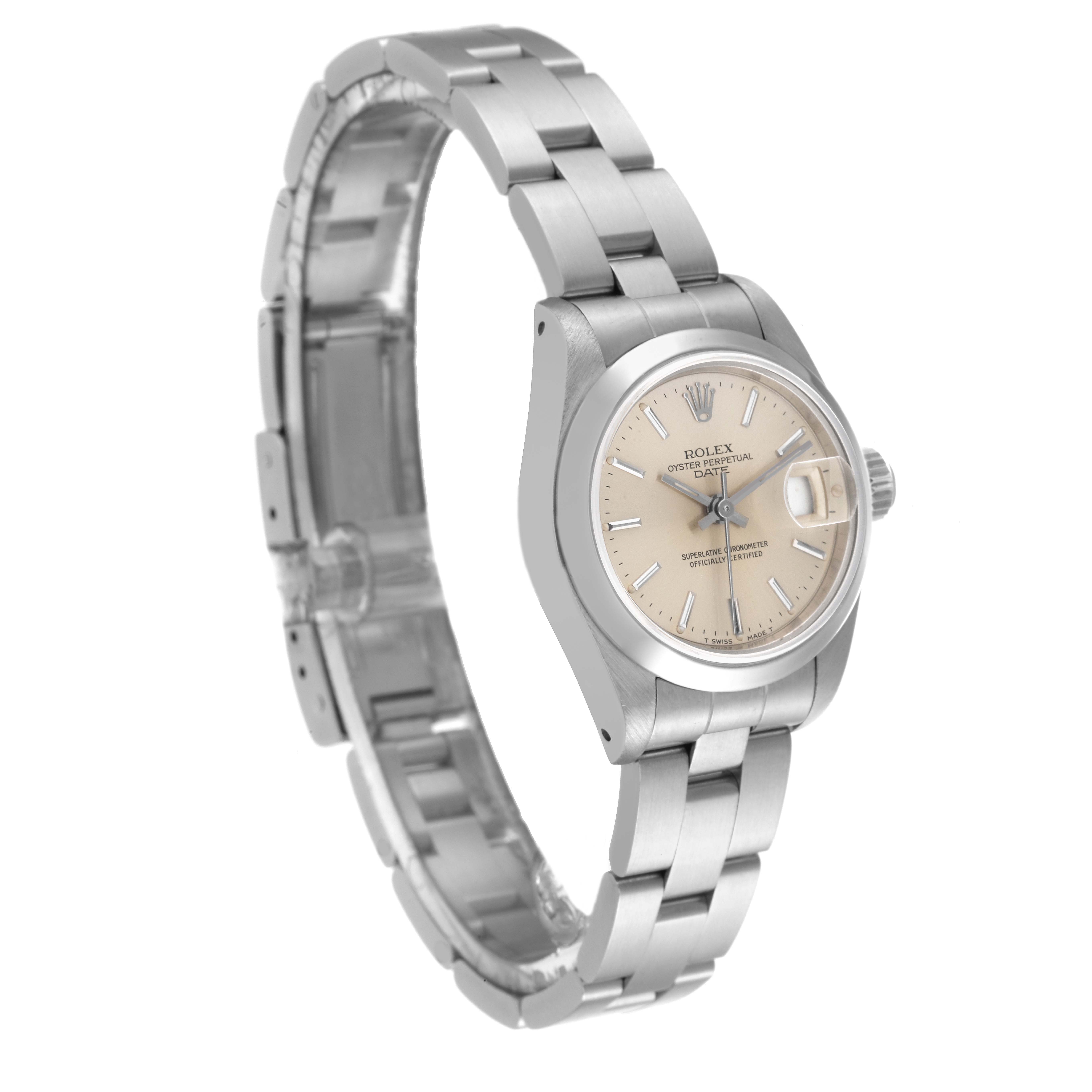 This image shows a Rolex Oyster Perpetual 69160 Women's Stainless Steel Silver Dial 69160 Women's Stainless Steel Silver Dial watch at a side angle, highlighting its dial, bezel, and bracelet.