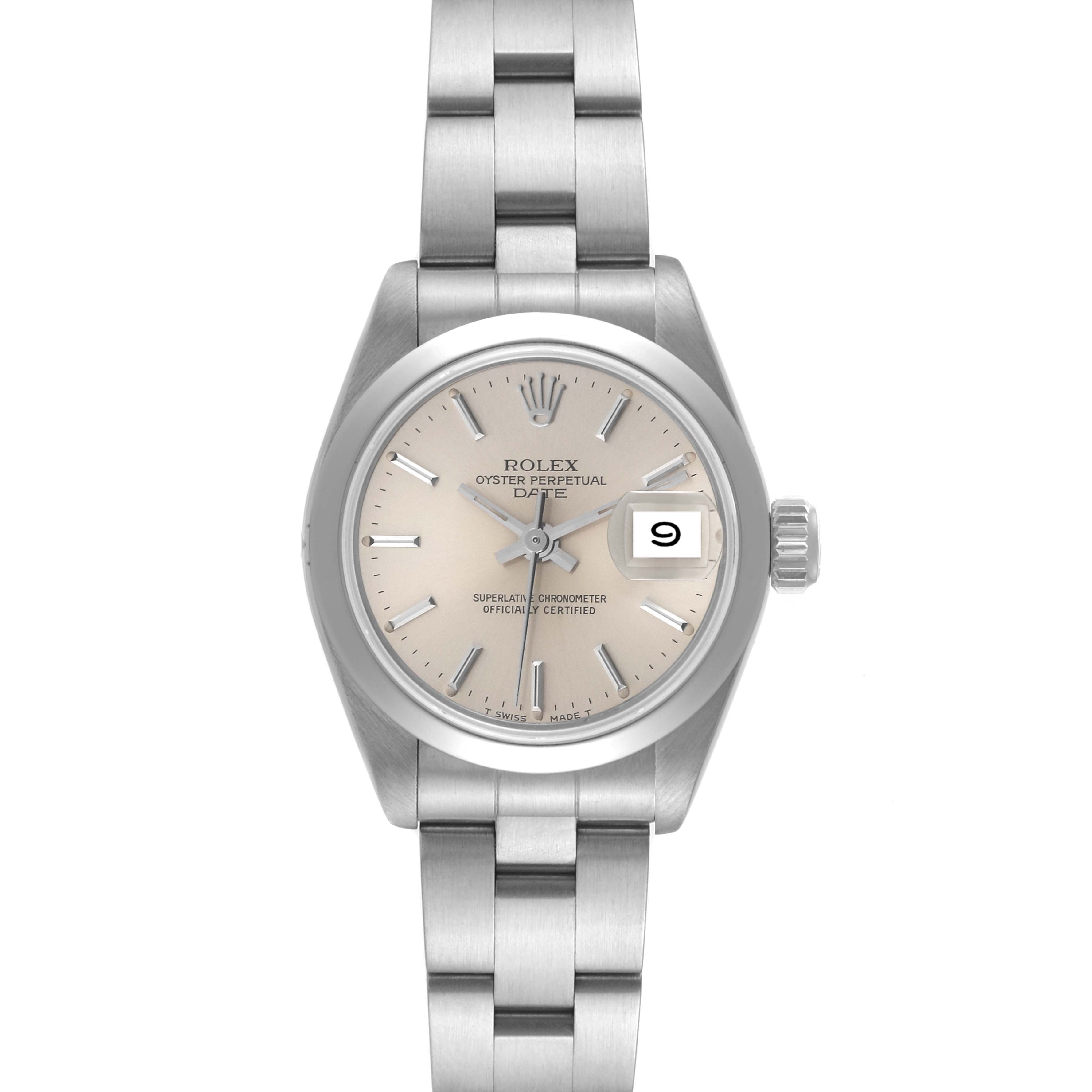 The image shows a Rolex Oyster Perpetual 69160 Women's Stainless Steel Silver Dial 69160 Women's Stainless Steel Silver Dial model watch from a front angle, displaying the dial, bracelet, and date window.
