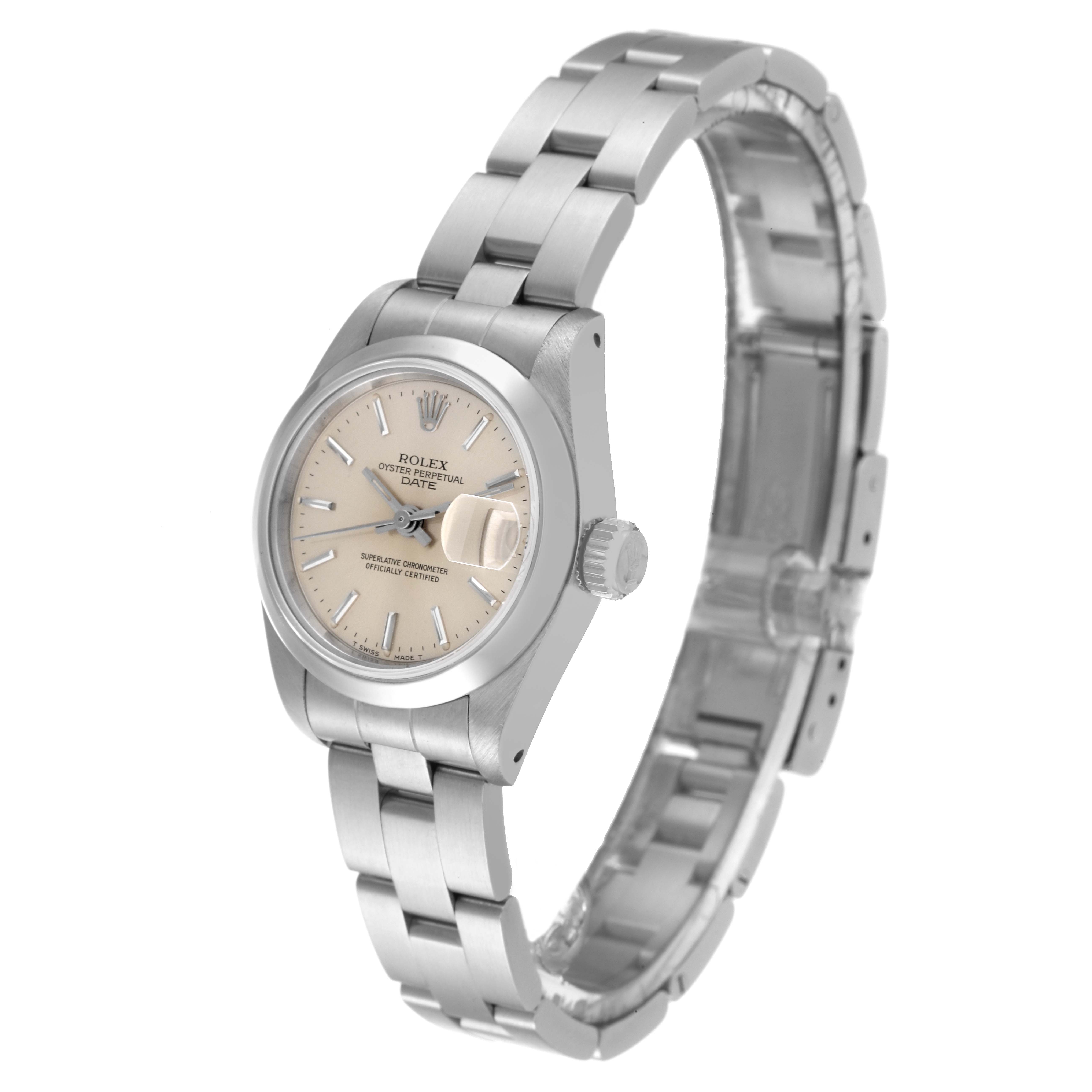 The Rolex Oyster Perpetual 69160 Women's Stainless Steel Silver Dial 69160 Women's Stainless Steel Silver Dial watch is shown at an angle displaying the face, crown, and bracelet in full view.