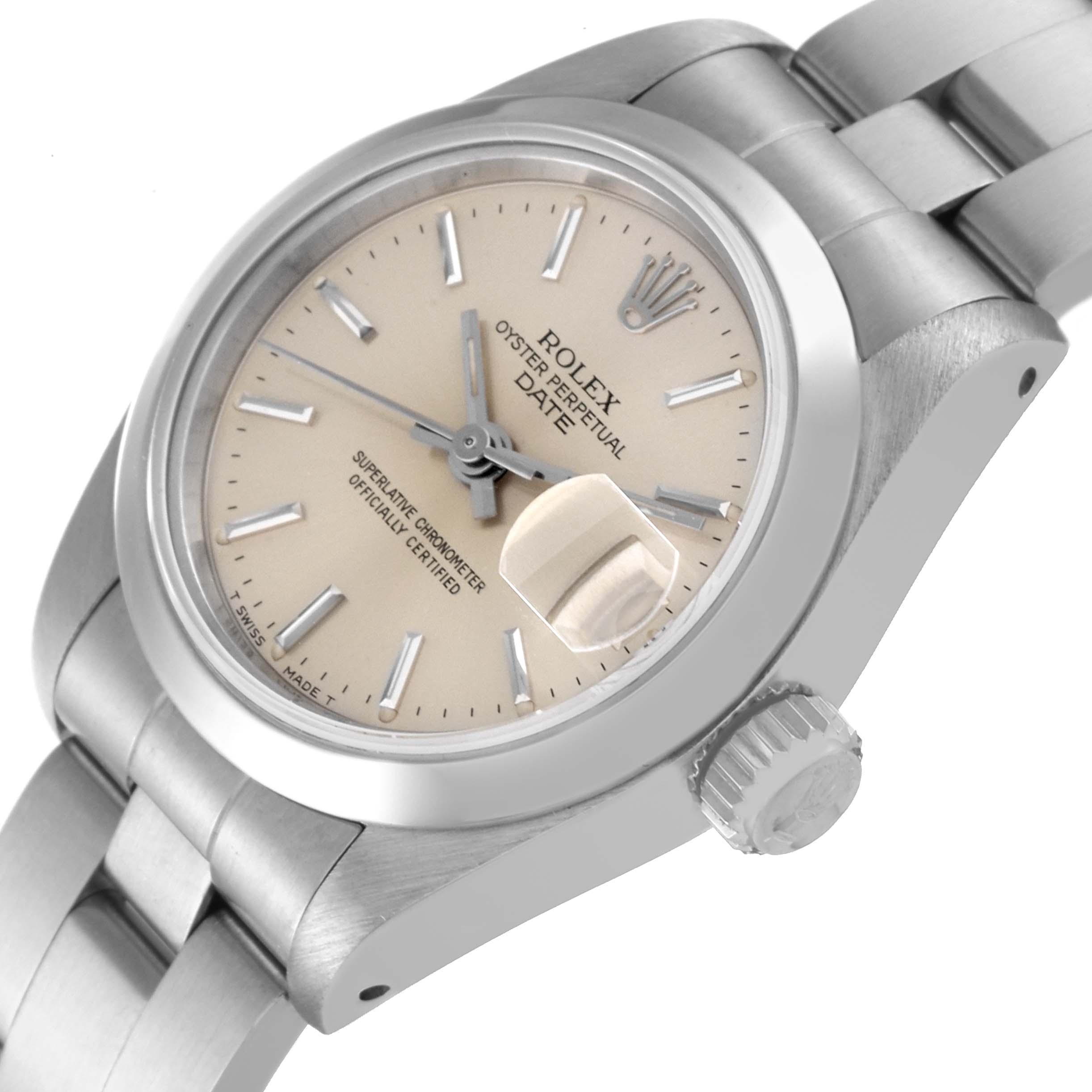 This image shows a Rolex Oyster Perpetual 69160 Women's Stainless Steel Silver Dial 69160 Women's Stainless Steel Silver Dial watch at an angled close-up, highlighting the dial, crown, and bracelet.