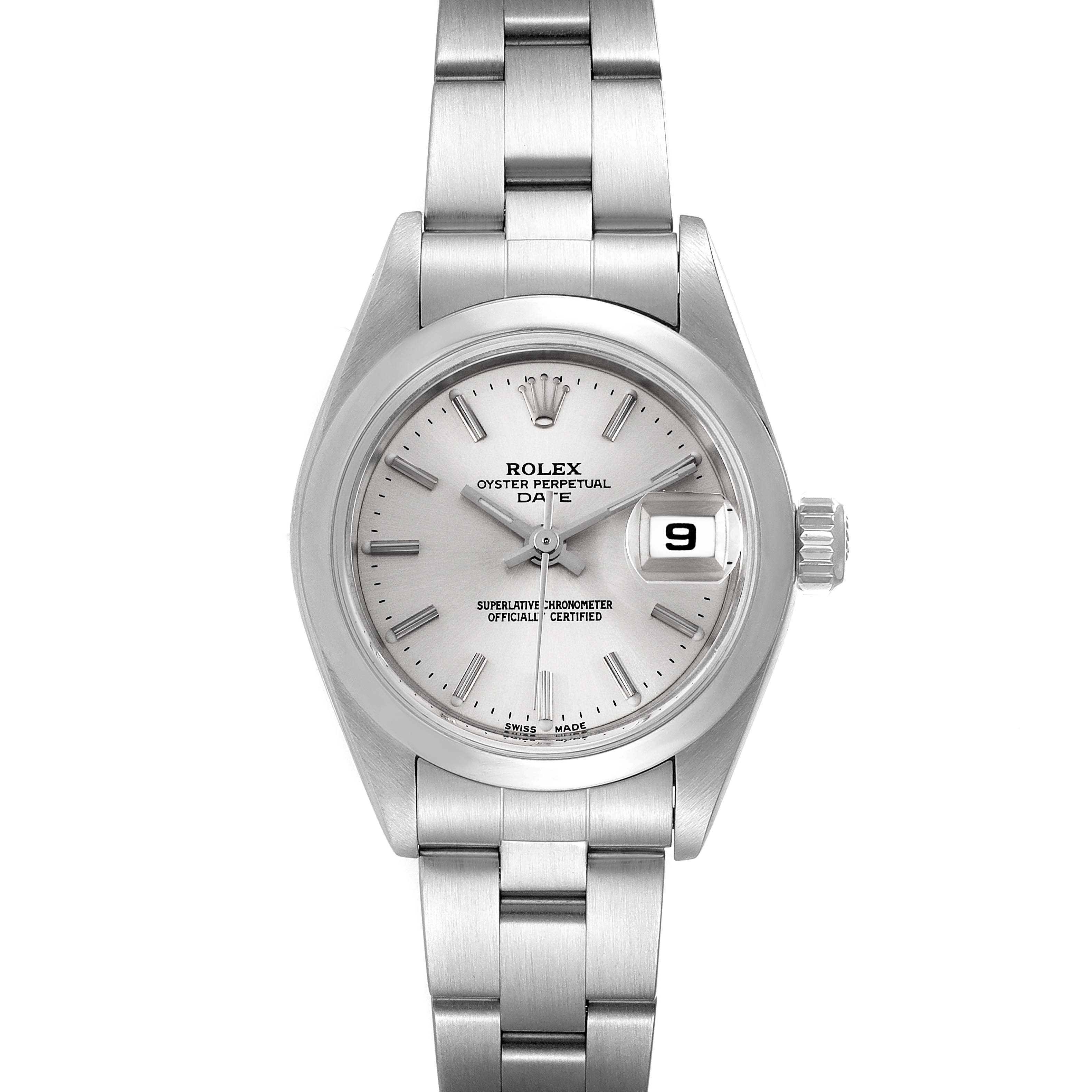 The Rolex Date 79160 Women
s Stainless Steel Silver Dial 79160 Women
s Stainless Steel Silver Dial model watch is shown from the front, displaying the dial, case, bracelet, and date window.