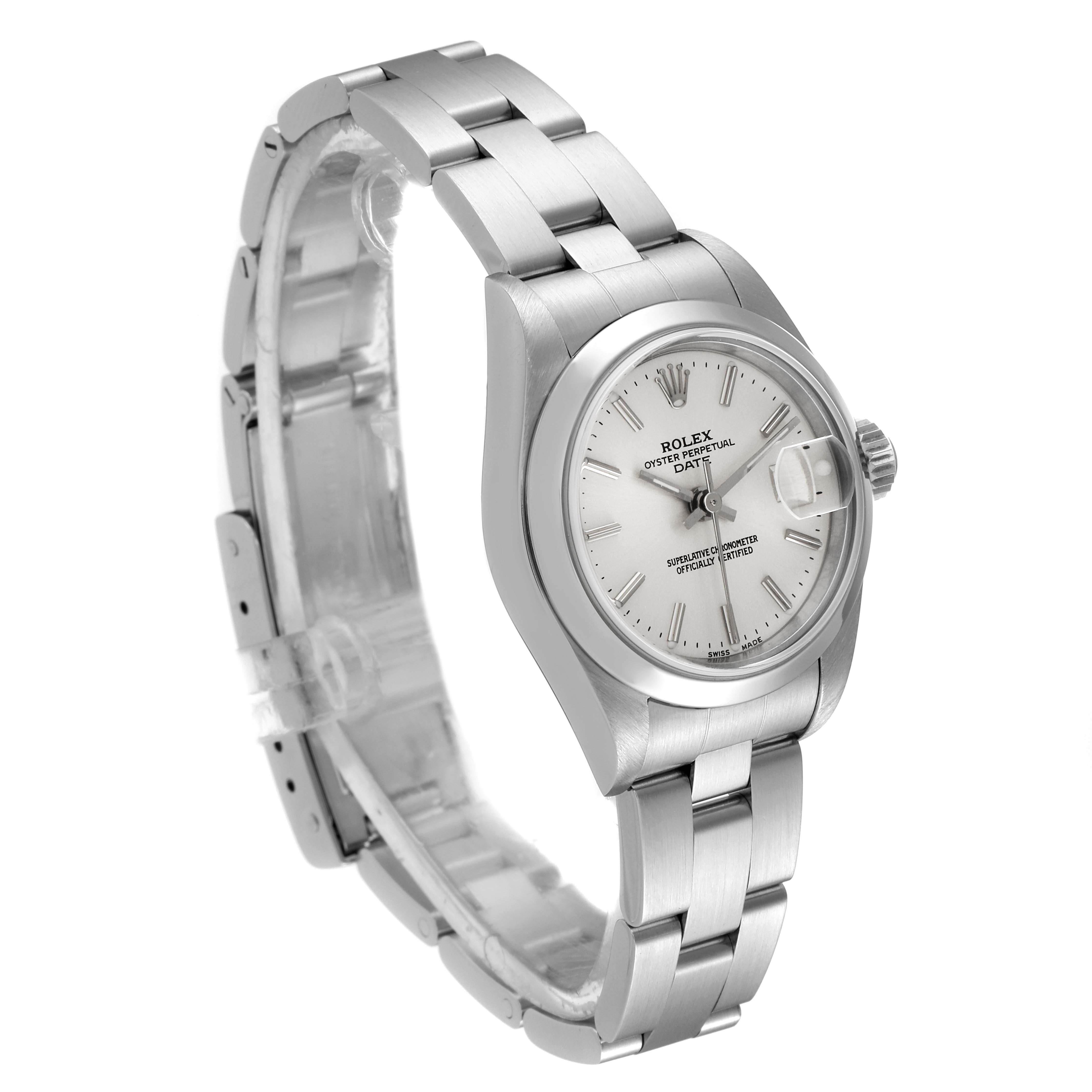 This image shows a Rolex Date 79160 Women
s Stainless Steel Silver Dial 79160 Women
s Stainless Steel Silver Dial model watch angled to display its face, bezel, and bracelet.