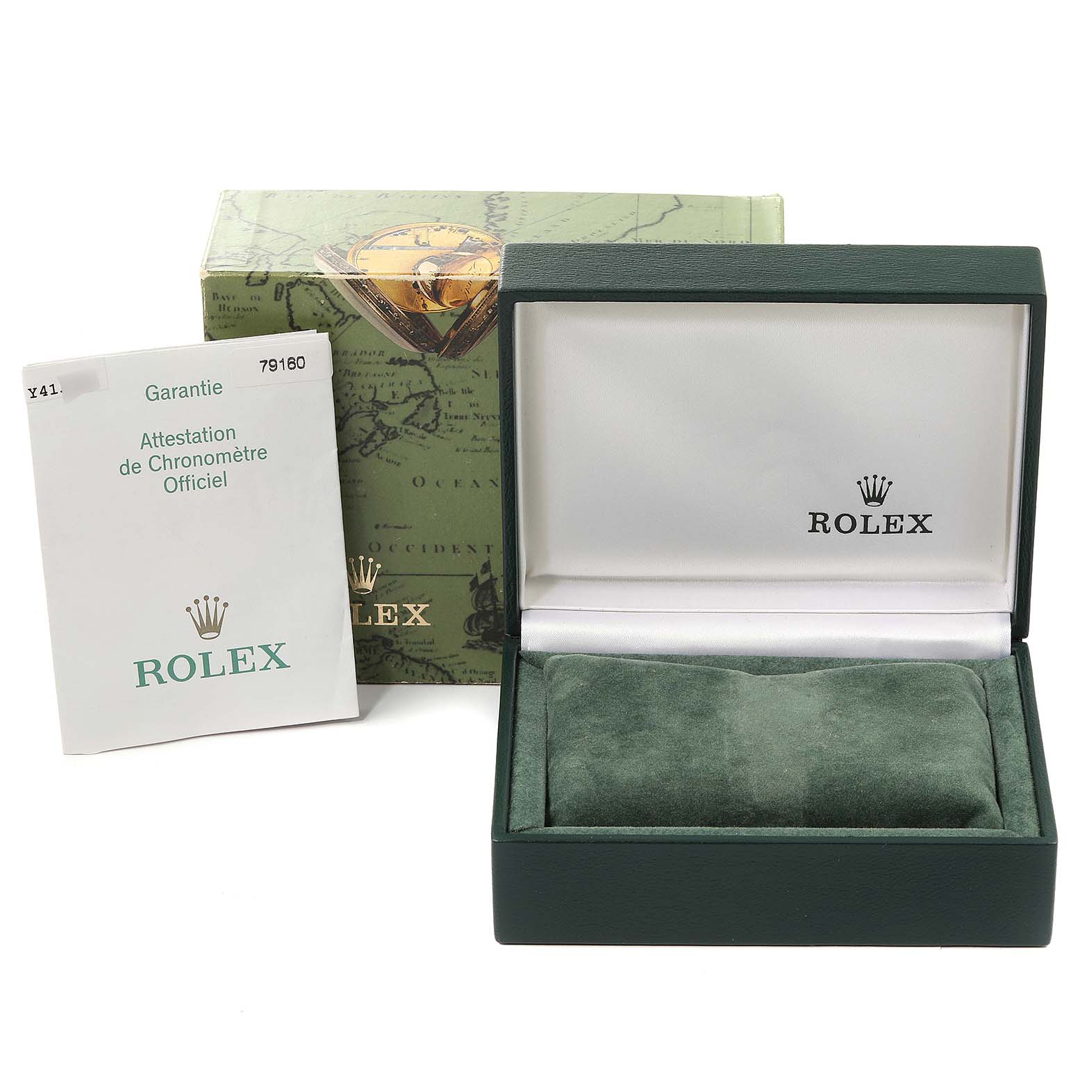 The image shows the packaging for a Rolex Date 79160 Women
s Stainless Steel Silver Dial 79160 Women
s Stainless Steel Silver Dial model, including the box and guarantee certificate.