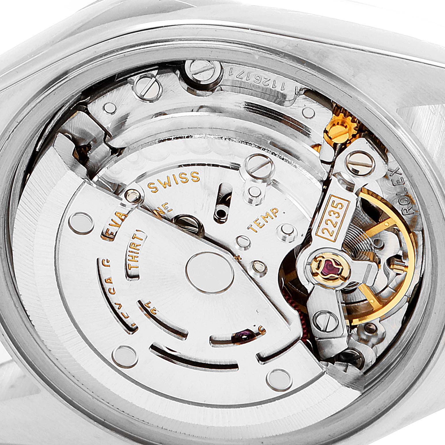 The image shows the movement and internal mechanism of the Rolex Date 79160 Women
s Stainless Steel Silver Dial 79160 Women
s Stainless Steel Silver Dial model watch at a close-up angle.