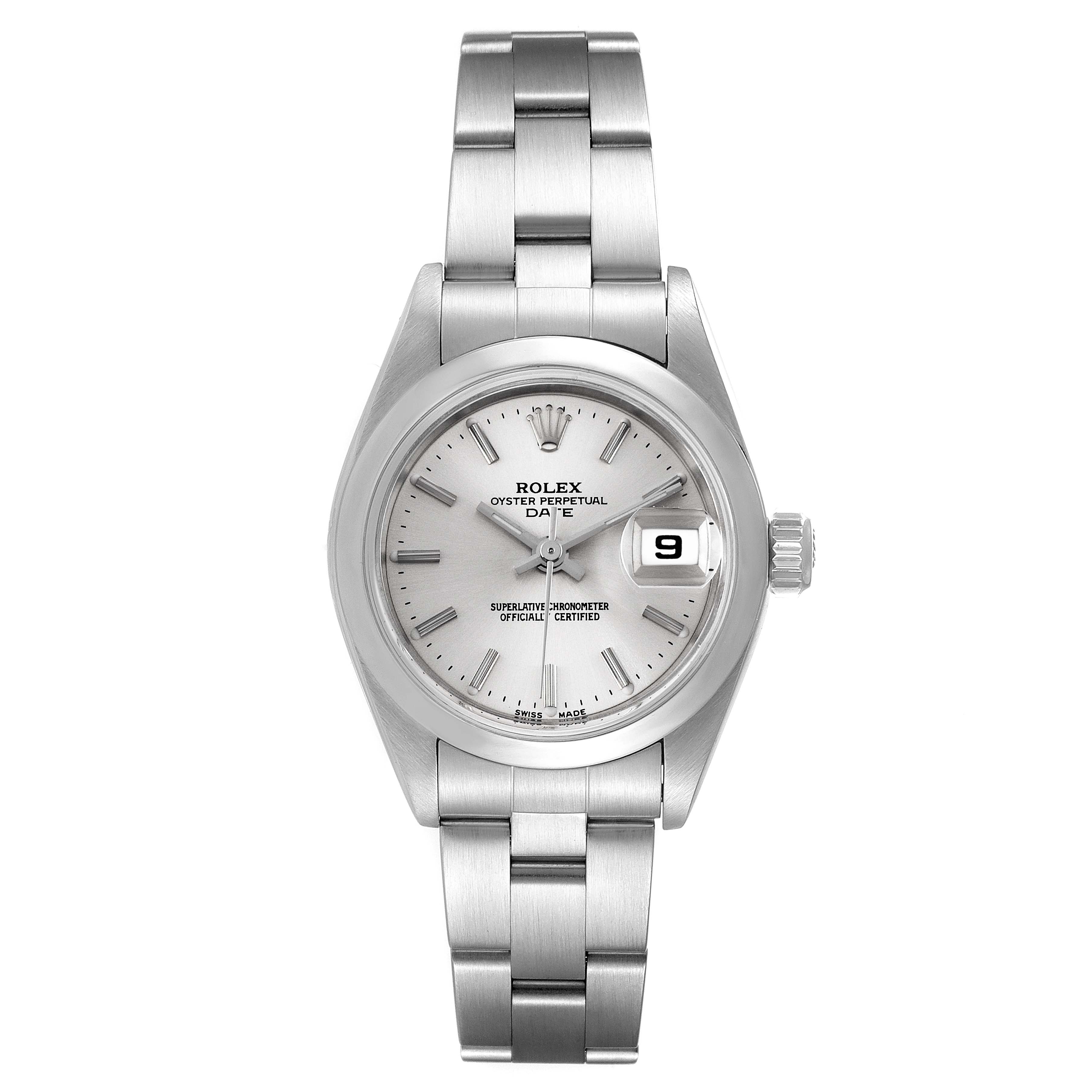 This is a front view of a Rolex Date 79160 Women
s Stainless Steel Silver Dial 79160 Women
s Stainless Steel Silver Dial model, showing the dial, bezel, bracelet, and crown.