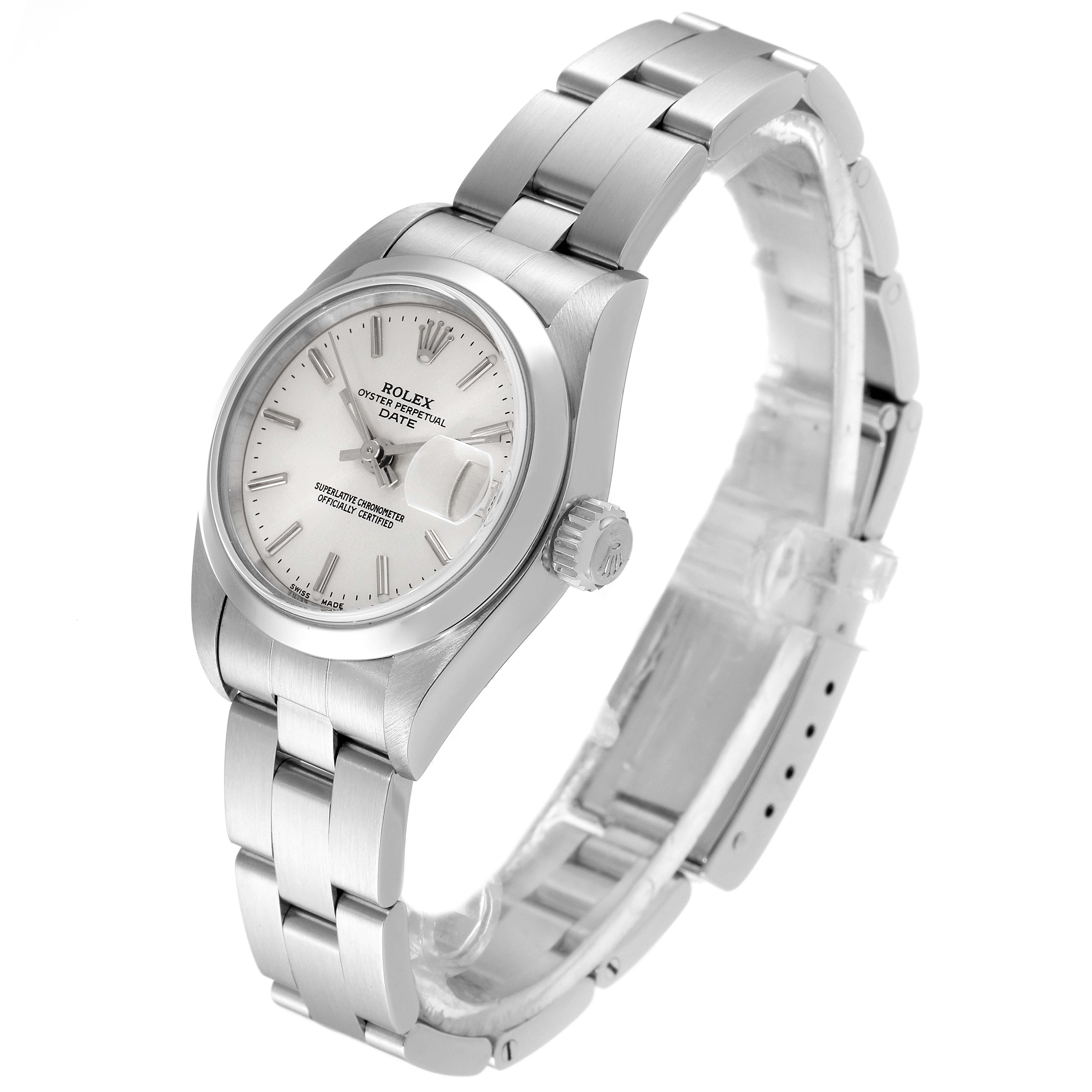 The image shows a Rolex Date 79160 Women
s Stainless Steel Silver Dial 79160 Women
s Stainless Steel Silver Dial model watch from an angled front view, displaying the watch face, bezel, crown, and bracelet.