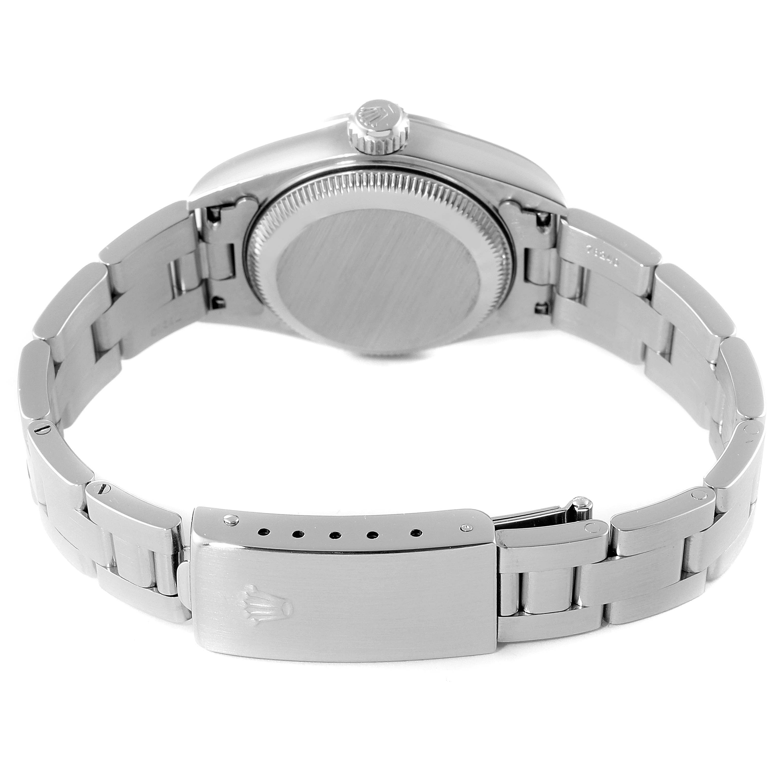 This image shows the back, crown, and bracelet clasp of a Rolex Date 79160 Women
s Stainless Steel Silver Dial 79160 Women
s Stainless Steel Silver Dial model watch.