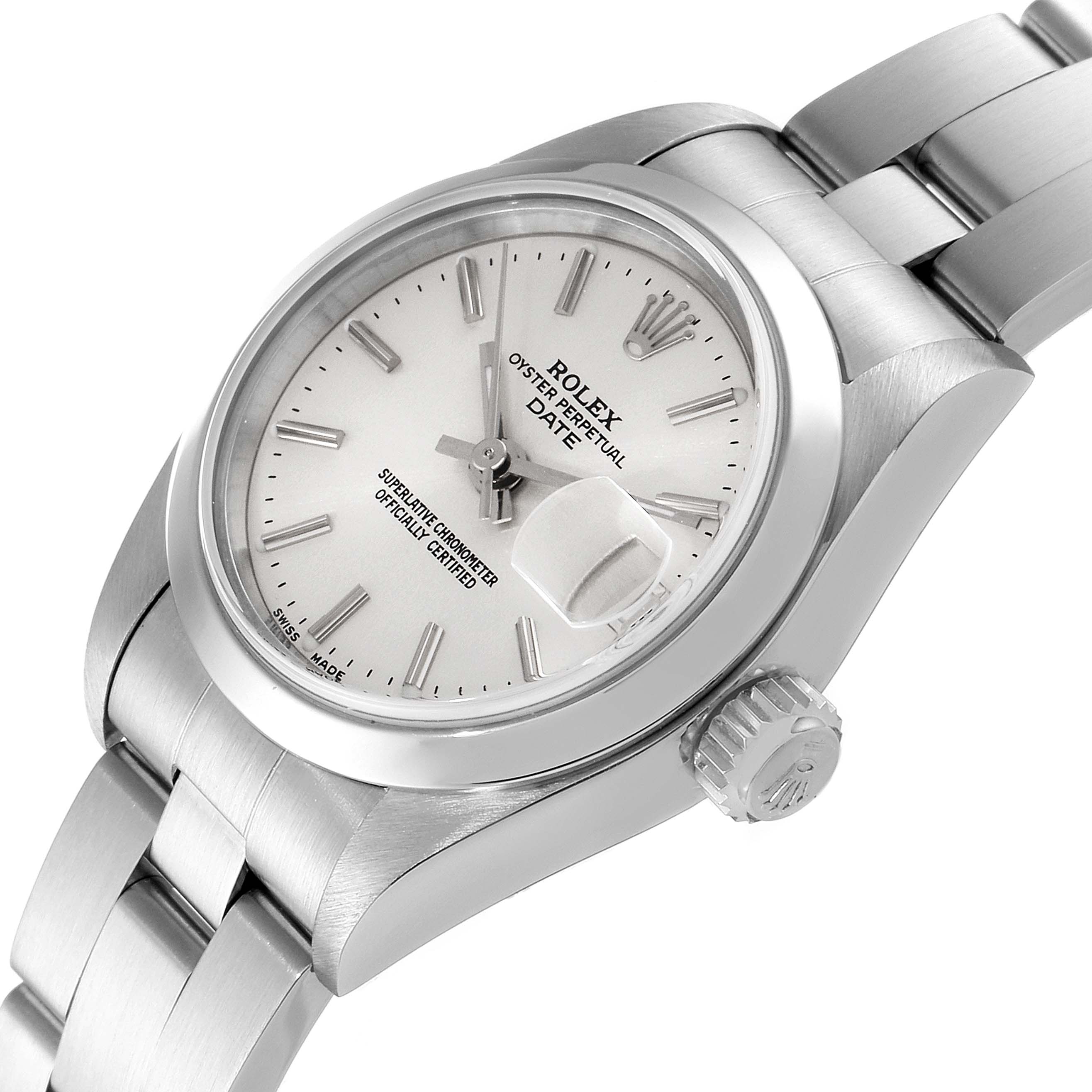 The image shows a close-up view of a Rolex Date 79160 Women
s Stainless Steel Silver Dial 79160 Women
s Stainless Steel Silver Dial model watch, highlighting the dial, crown, and part of the bracelet from an oblique angle.