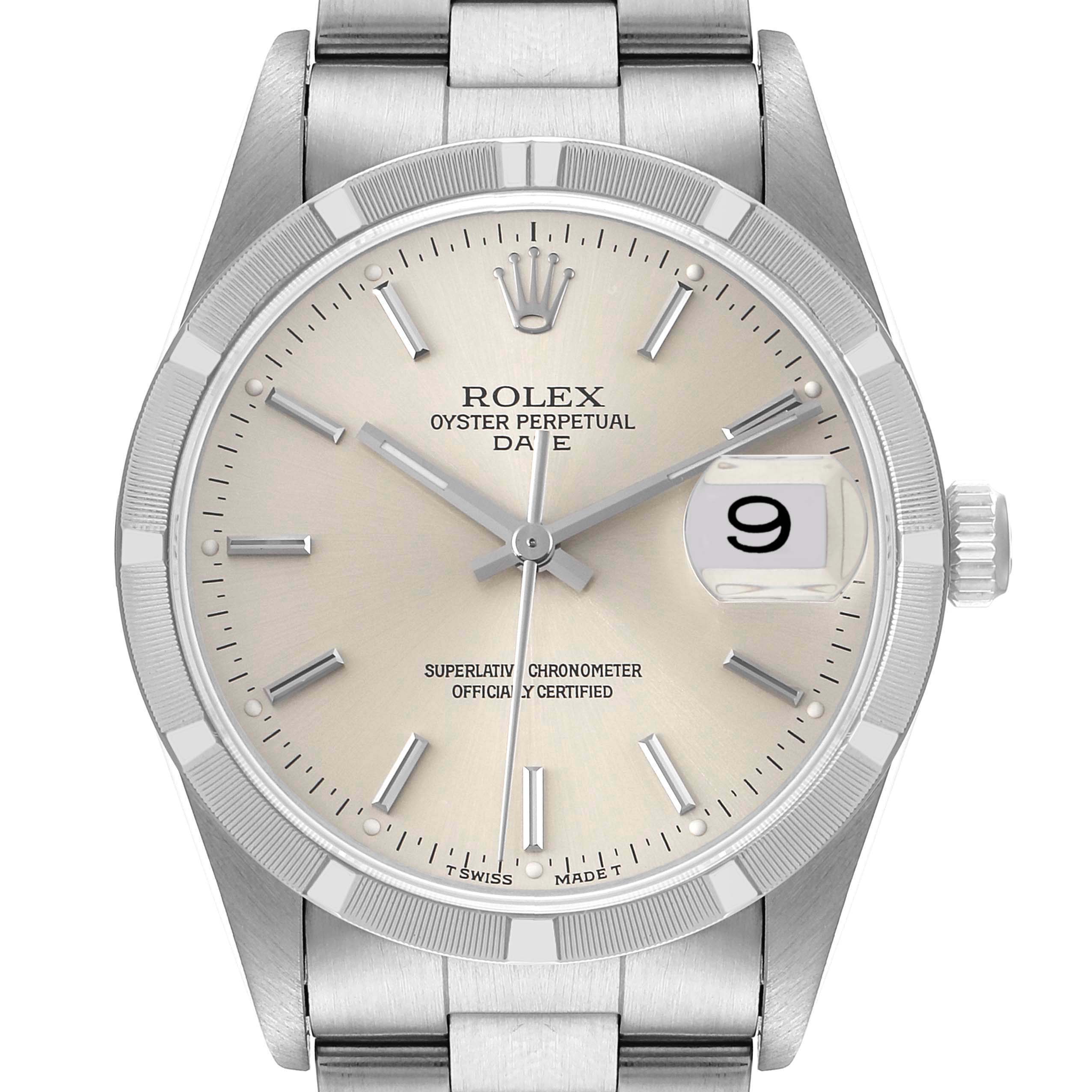 This image shows a front view of a Rolex Date 15210 Men's Stainless Steel Silver Dial 15210 Men's Stainless Steel Silver Dial model watch, highlighting the face, crown, and bracelet.