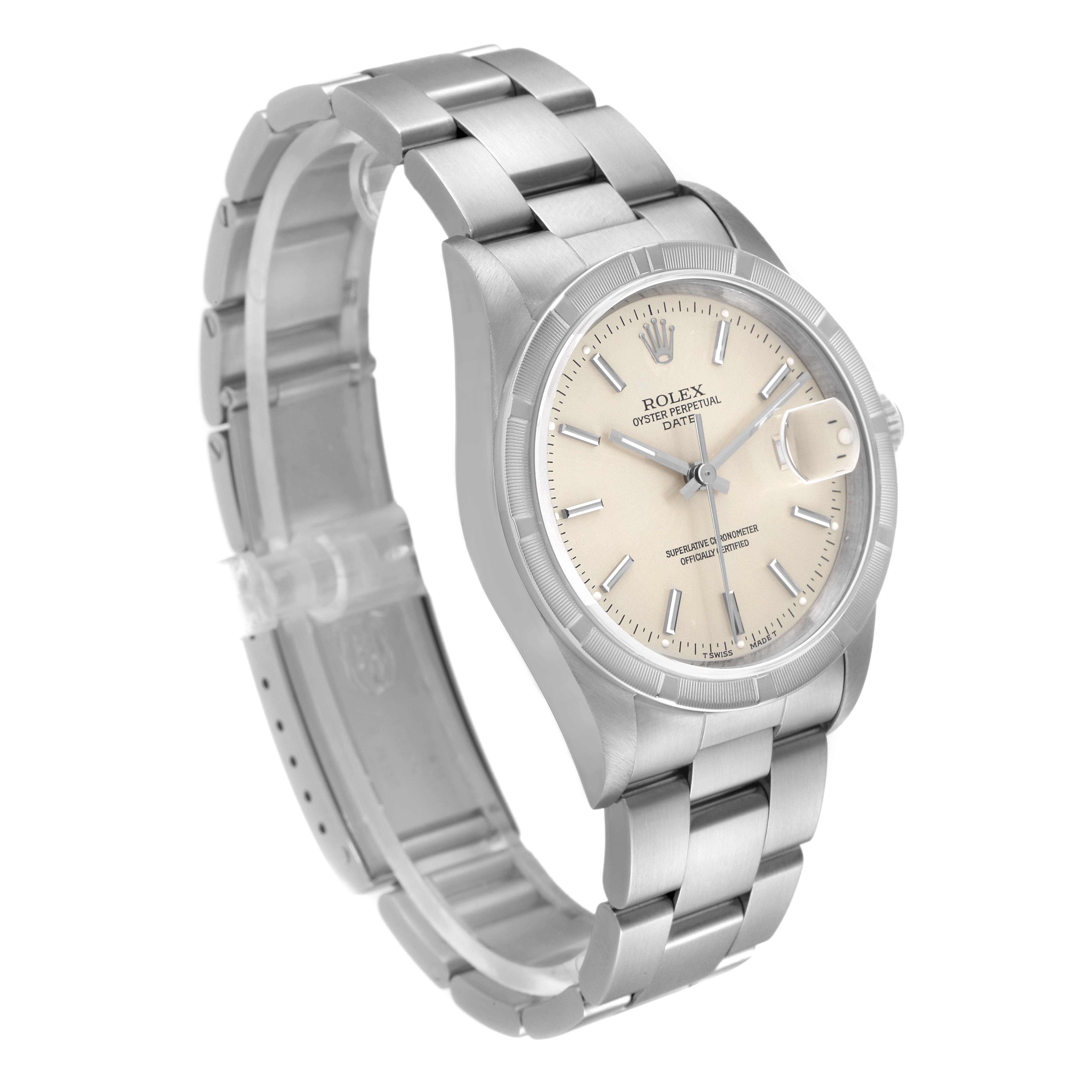 This image displays a Rolex Date 15210 Men's Stainless Steel Silver Dial 15210 Men's Stainless Steel Silver Dial watch at a slightly tilted angle showing the face, bracelet, and clasp.